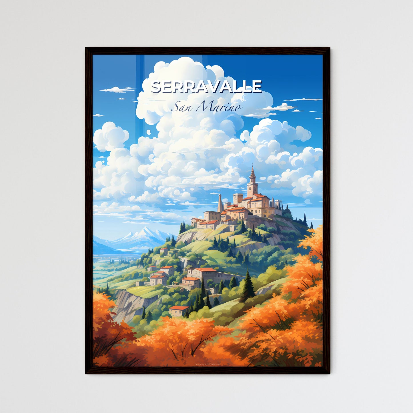 Serravalle San Marino Skyline - A Landscape Of A Village On A Hill With Trees And Clouds - Customizable Travel Gift Default Title
