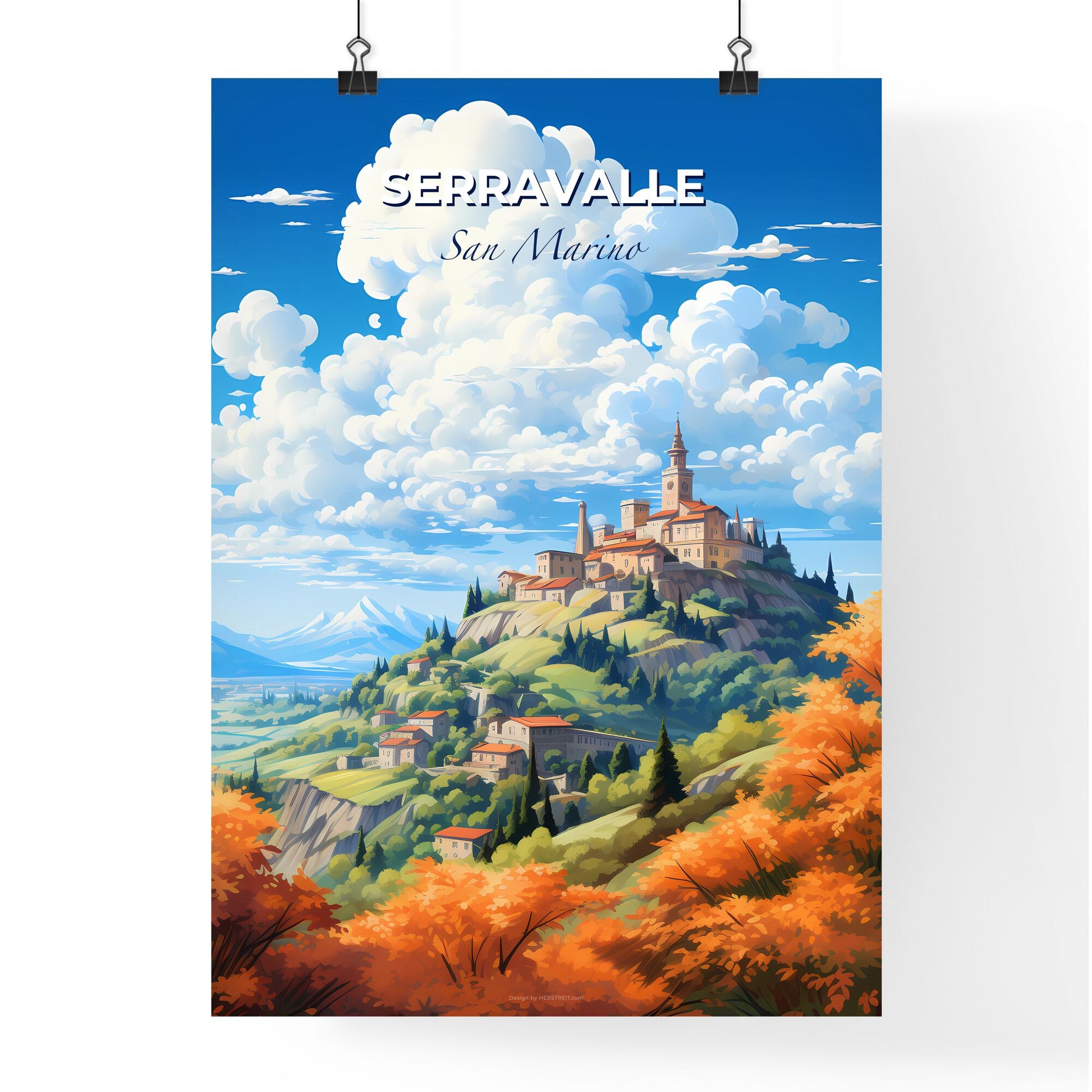 Serravalle San Marino Skyline - A Landscape Of A Village On A Hill With Trees And Clouds - Customizable Travel Gift Default Title