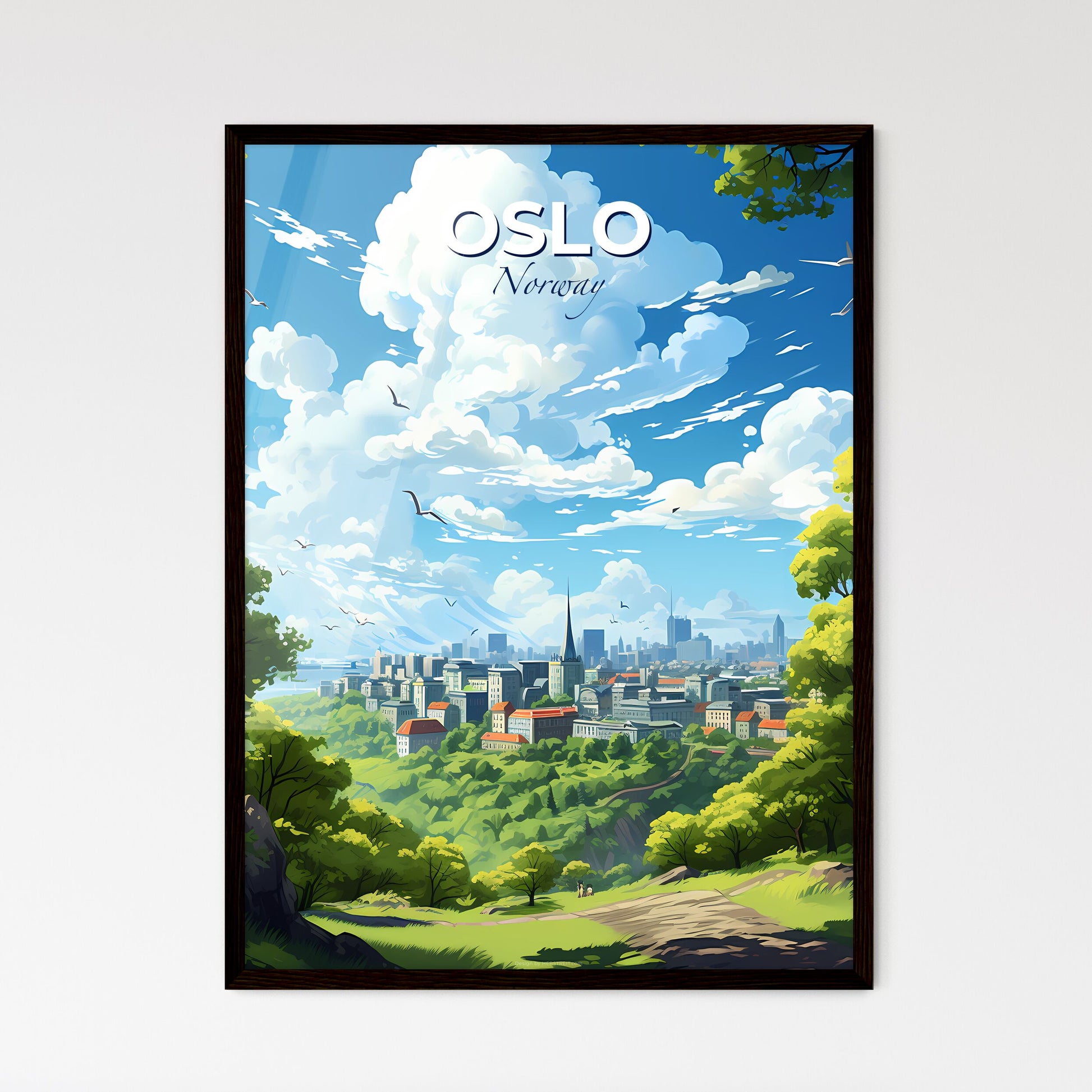 Oslo Norway Skyline - A City Landscape With Trees And Birds Flying In The Sky - Customizable Travel Gift Default Title