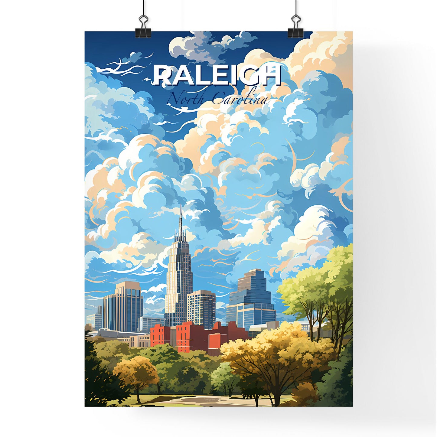 Raleigh North Carolina Skyline - A Cityscape With Clouds And Trees - Customizable Travel Gift Default Title