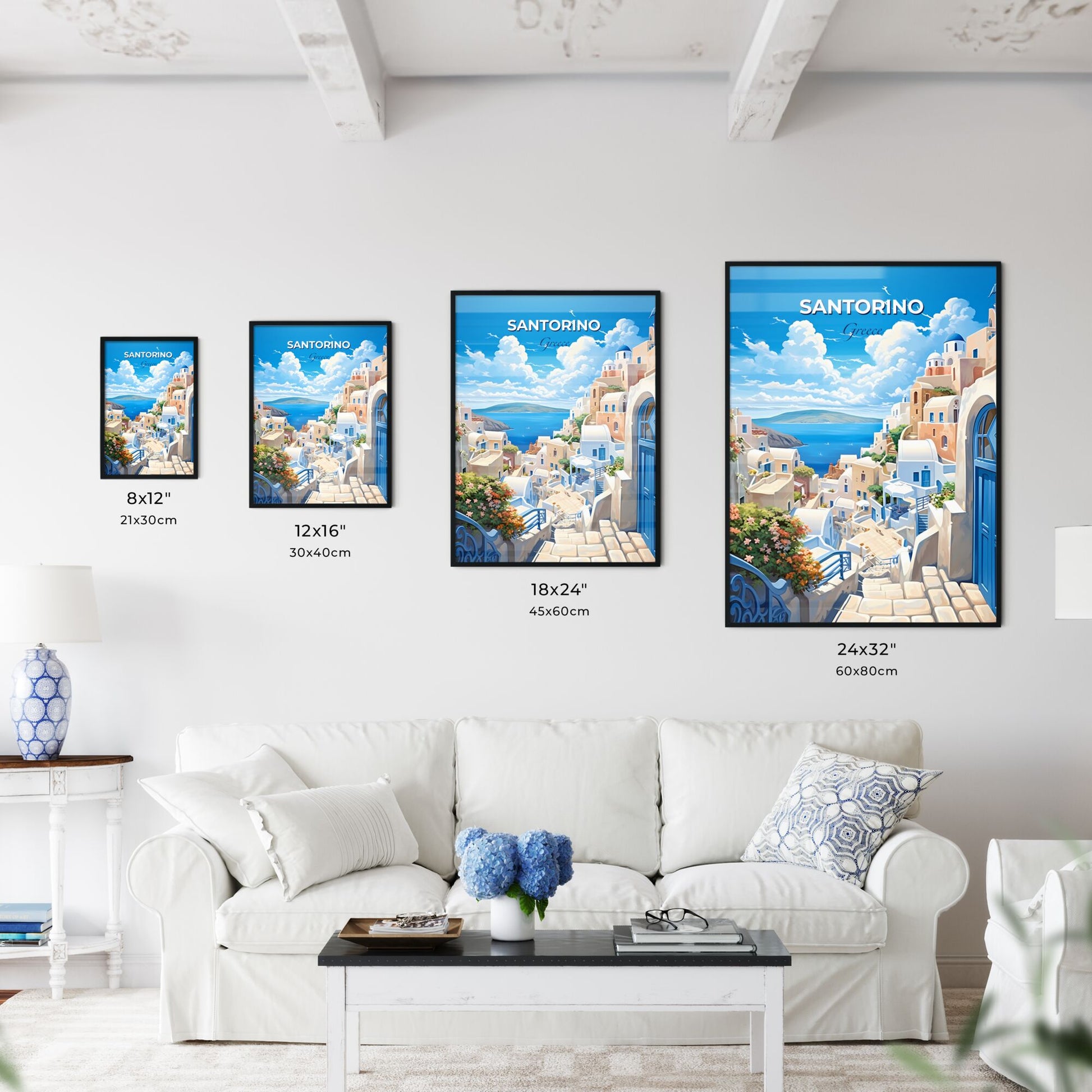 Santorino Greece Skyline - A Painting Of A Town On A Hill With A Body Of Water In The Background - Customizable Travel Gift Default Title