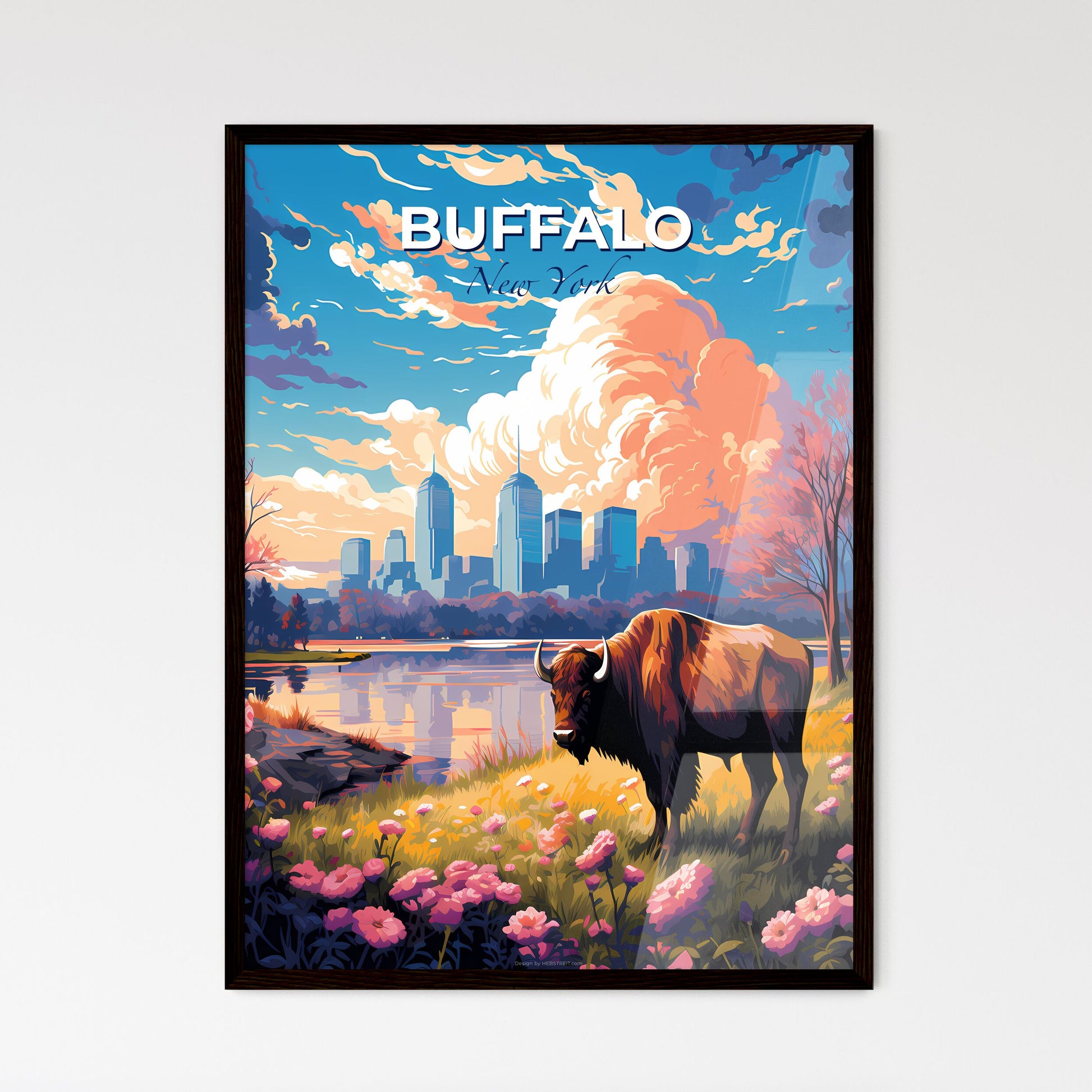 Buffalo New York Skyline - A Buffalo Standing In A Grassy Field Next To A Body Of Water - Customizable Travel Gift Default Title