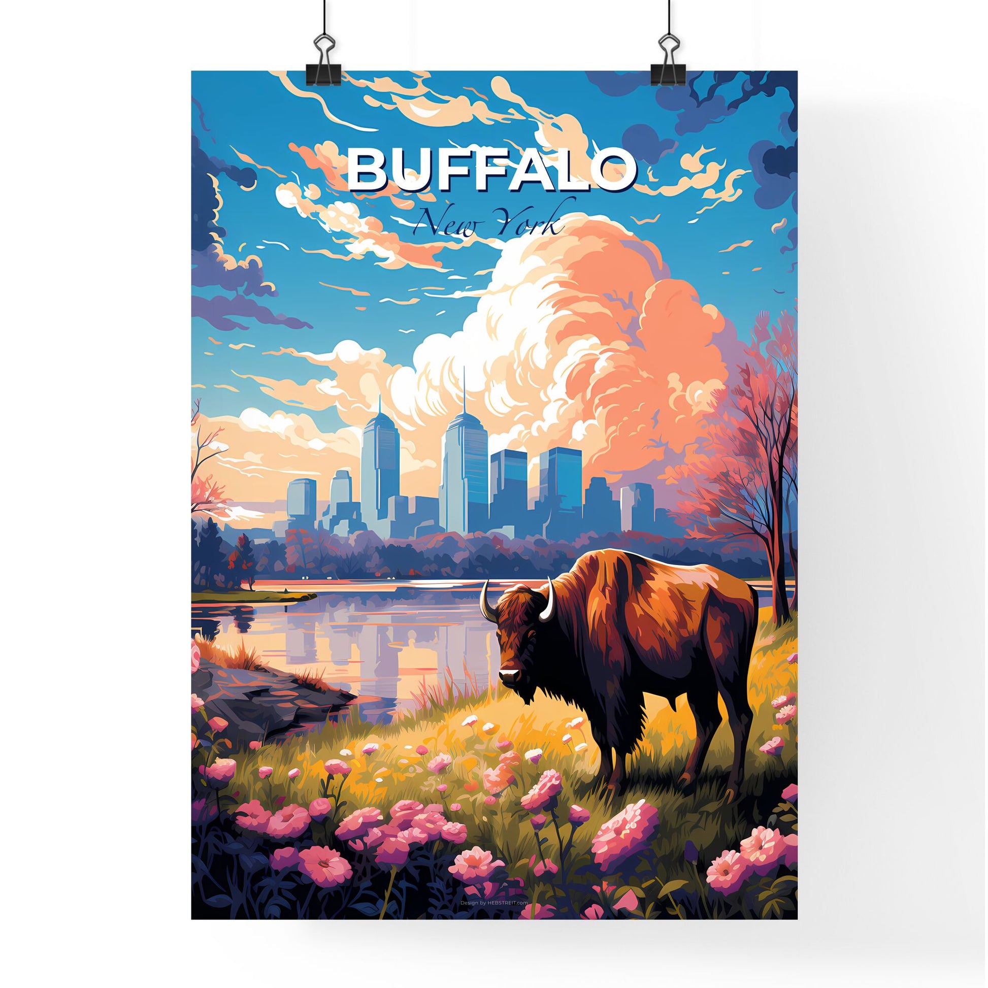 Buffalo New York Skyline - A Buffalo Standing In A Grassy Field Next To A Body Of Water - Customizable Travel Gift Default Title