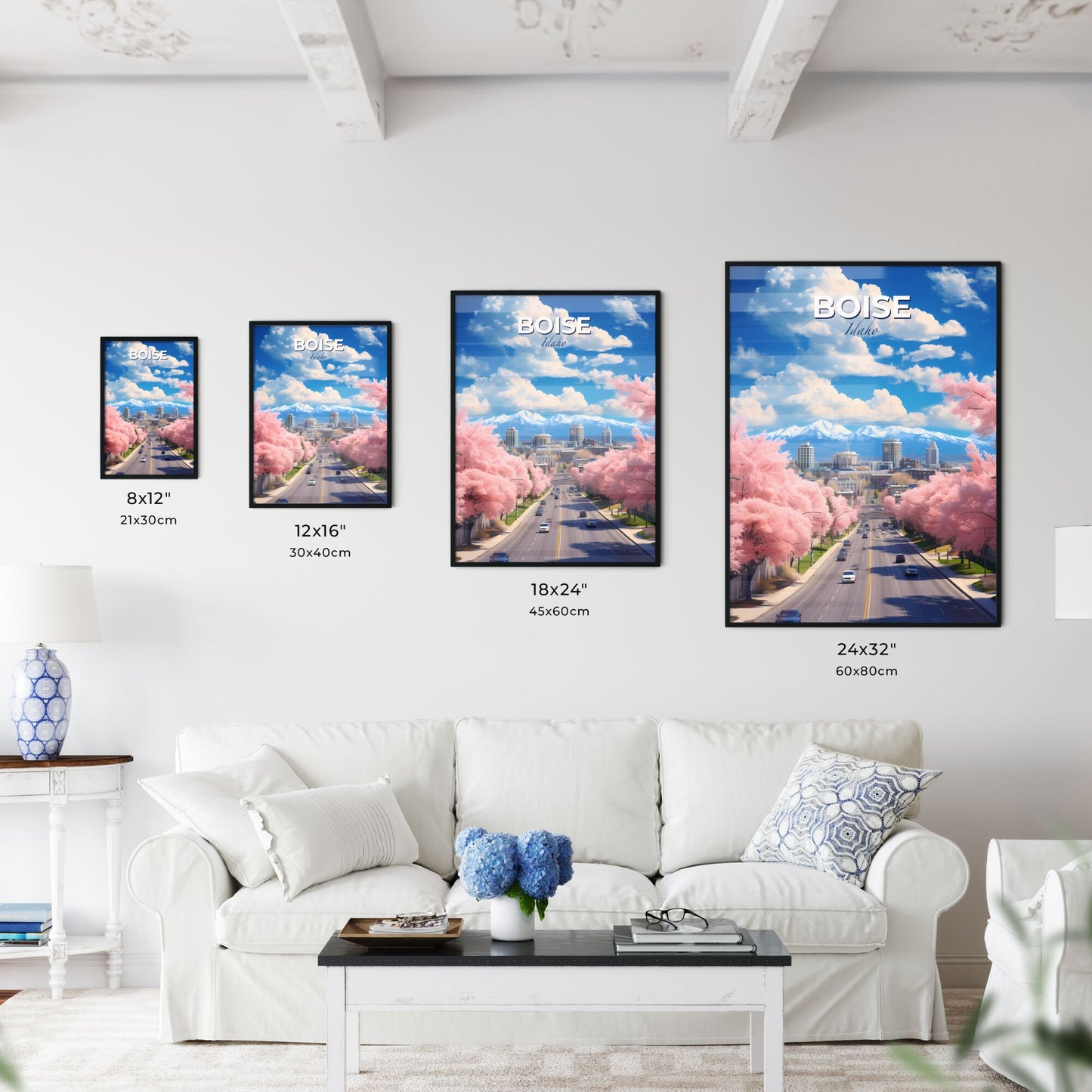 Boise Idaho Skyline - A Road With Pink Trees And Buildings In The Background - Customizable Travel Gift Default Title