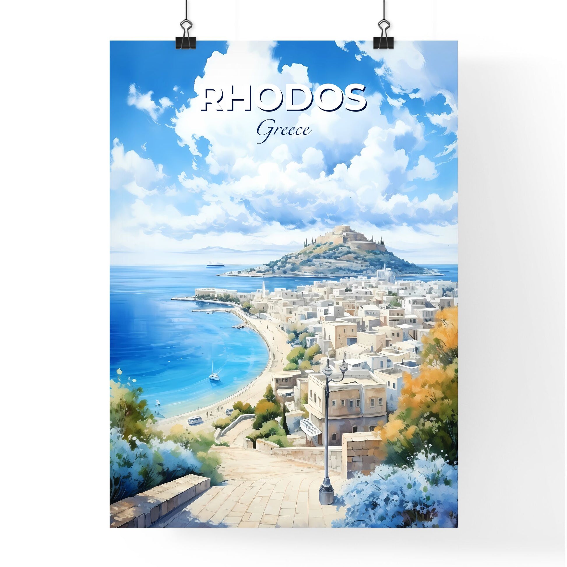 Rhodos Greece Skyline - A Watercolor Painting Of A City And A Beach - Customizable Travel Gift Default Title