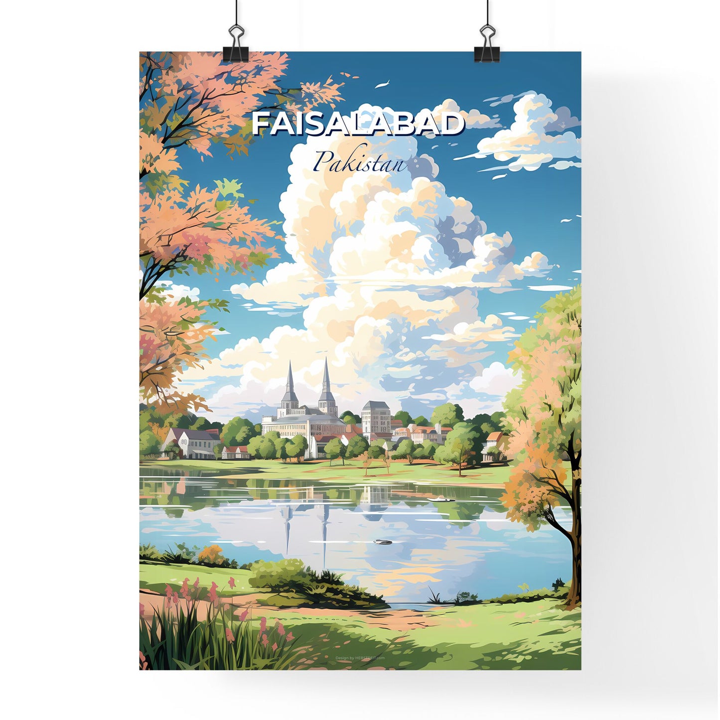 Faisalabad Pakistan Skyline - A Landscape Of A Lake With Trees And Buildings - Customizable Travel Gift Default Title