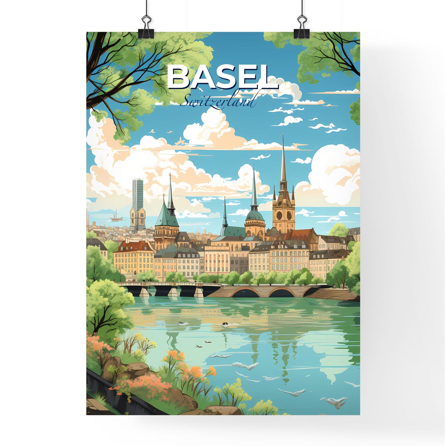 Basel Switzerland Skyline - A City With Trees And A Bridge Over Water - Customizable Travel Gift Default Title