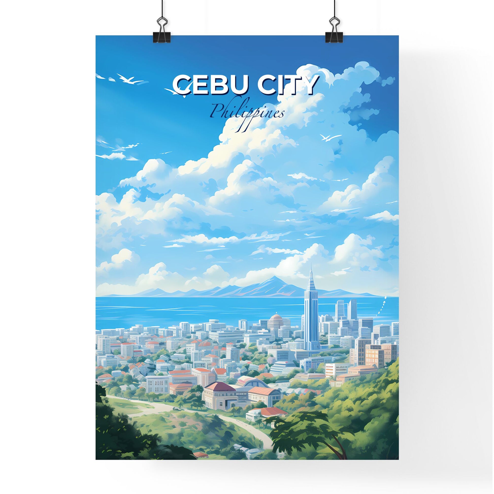Cebu City Philippines Skyline - A City With A Body Of Water And Birds Flying In The Sky - Customizable Travel Gift Default Title