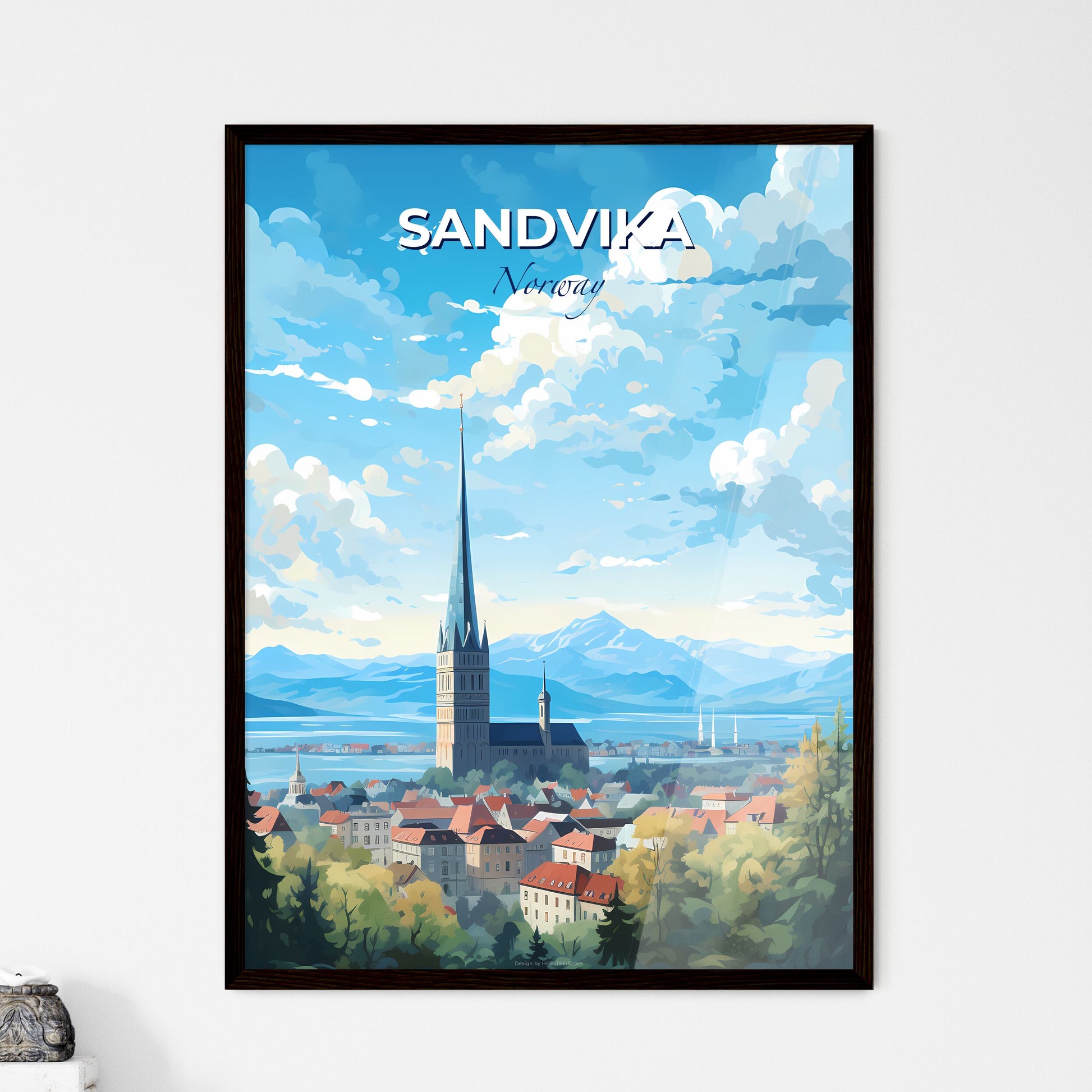 Sandvika Norway Skyline - A City With A Tall Tower And A Lake And Mountains - Customizable Travel Gift Default Title