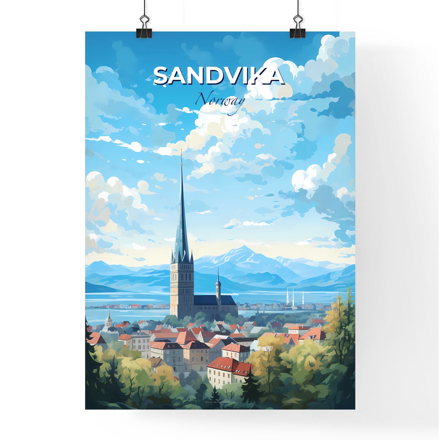 Sandvika Norway Skyline - A City With A Tall Tower And A Lake And Mountains - Customizable Travel Gift Default Title