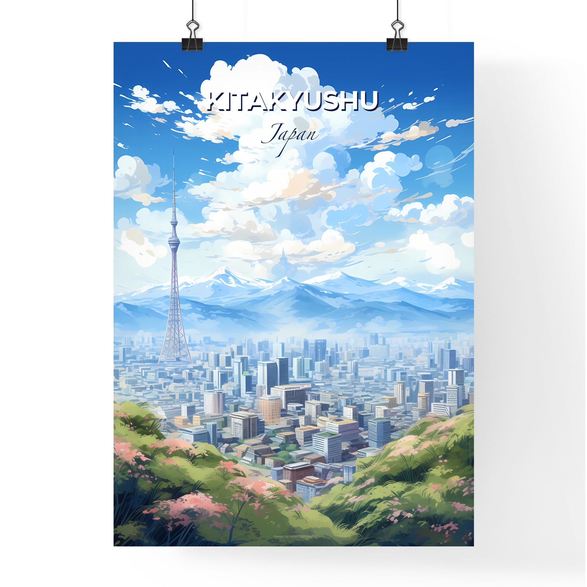 Kitakyushu Japan Skyline - A City Landscape With Mountains And A Tower - Customizable Travel Gift Default Title