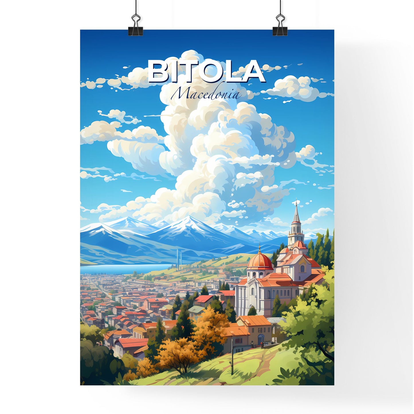 Bitola Macedonia Skyline - A City With A Church And Mountains In The Background - Customizable Travel Gift Default Title