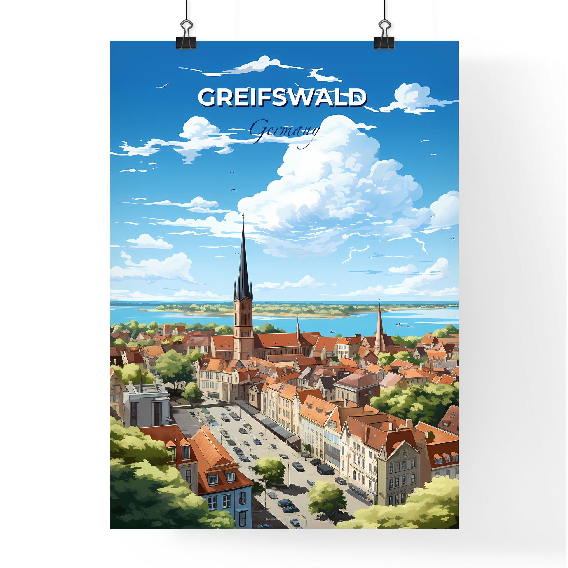 Greifswald Germany Sklyine - A City With A Tower And A Body Of Water - Customizable Travel Gift Default Title