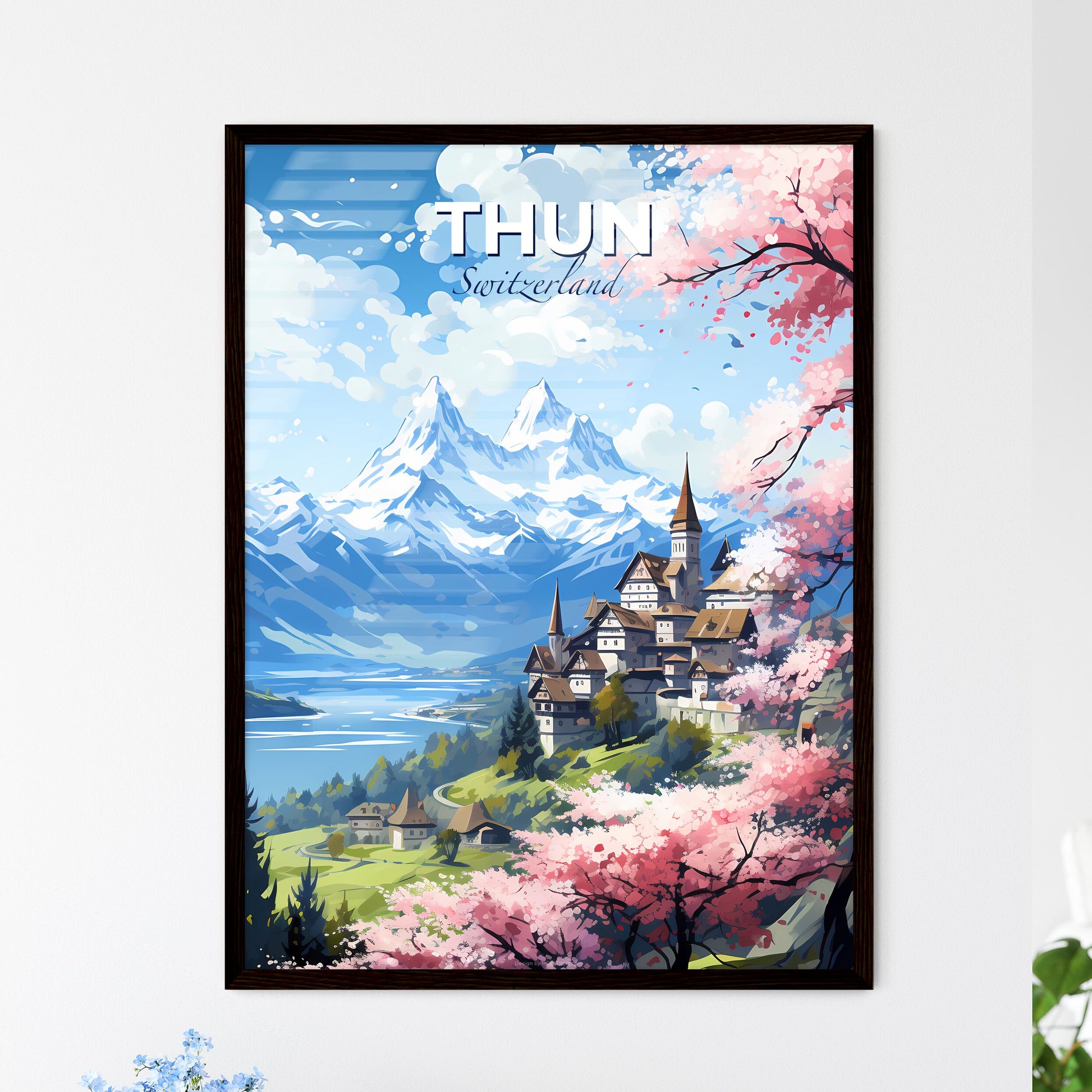 Thun Switzerland Skyline - A Landscape Of A Mountain And A Lake With A Town And Trees - Customizable Travel Gift Default Title