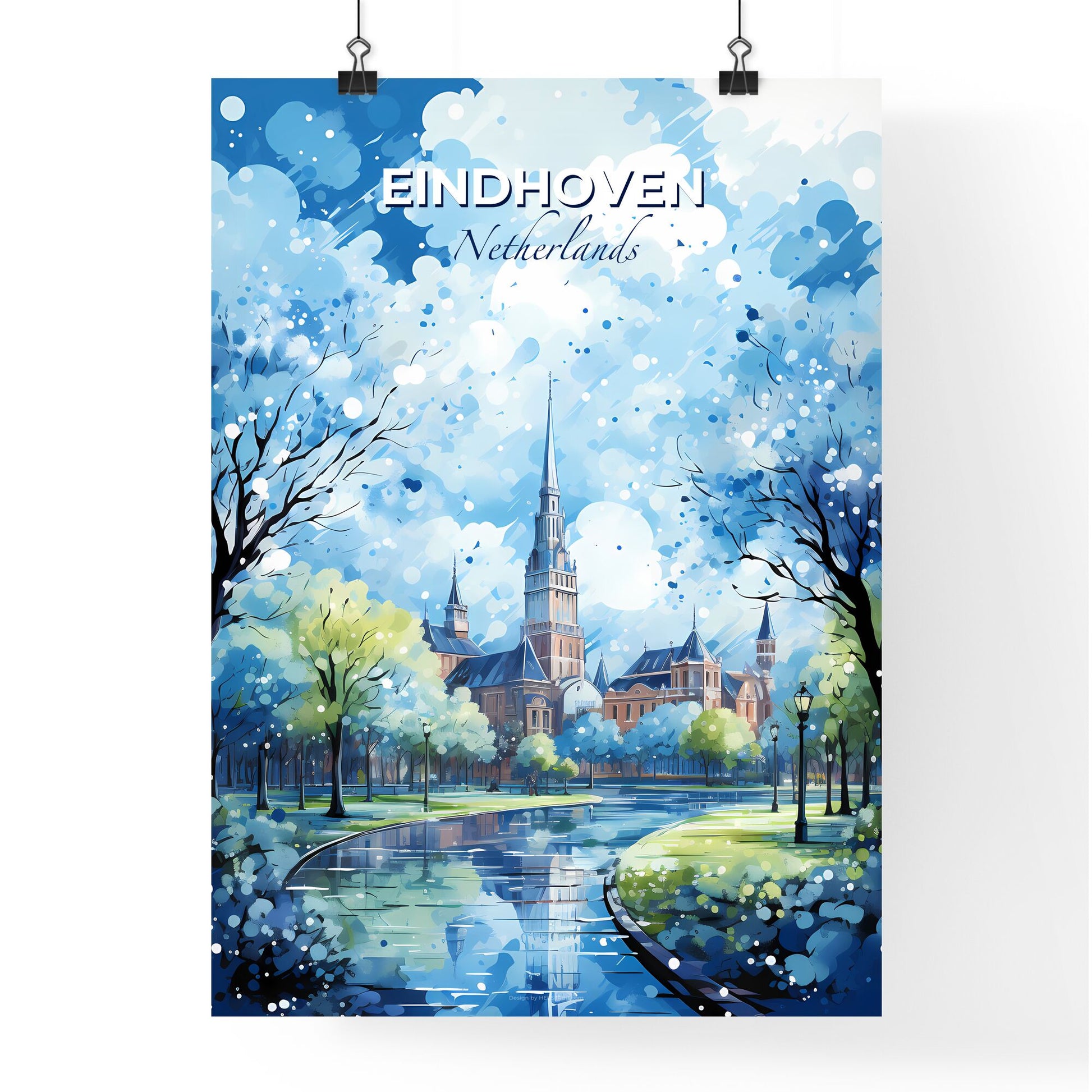 Eindhoven Netherlands Skyline - A Painting Of A Castle And A Pond - Customizable Travel Gift Default Title