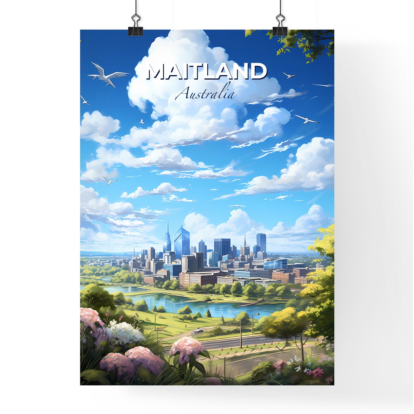 NewcastleMaitland Australia Skyline - A Landscape Of A City With A River And Birds Flying In The Sky - Customizable Travel Gift Default Title