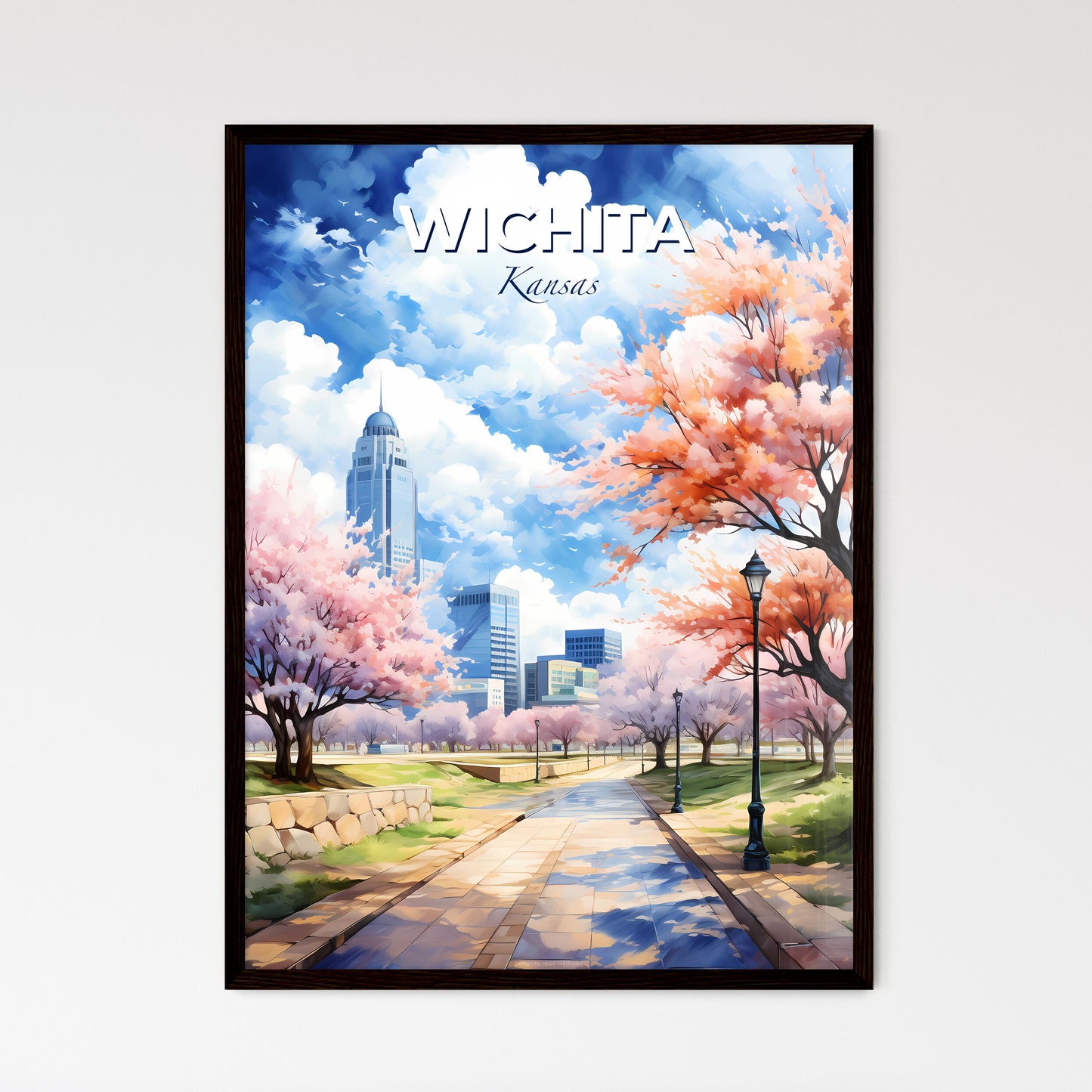 Wichita Kansas Skyline - A Park With Pink Trees And A City In The Background - Customizable Travel Gift Default Title