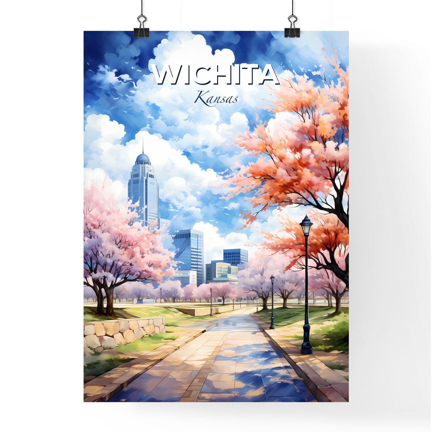 Wichita Kansas Skyline - A Park With Pink Trees And A City In The Background - Customizable Travel Gift Default Title