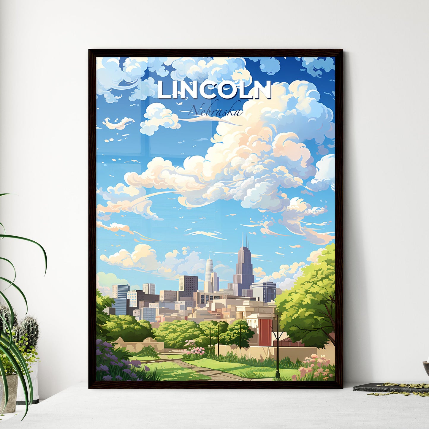 Lincoln Nebraska Skyline - A City Landscape With Trees And Clouds - Customizable Travel Gift Default Title