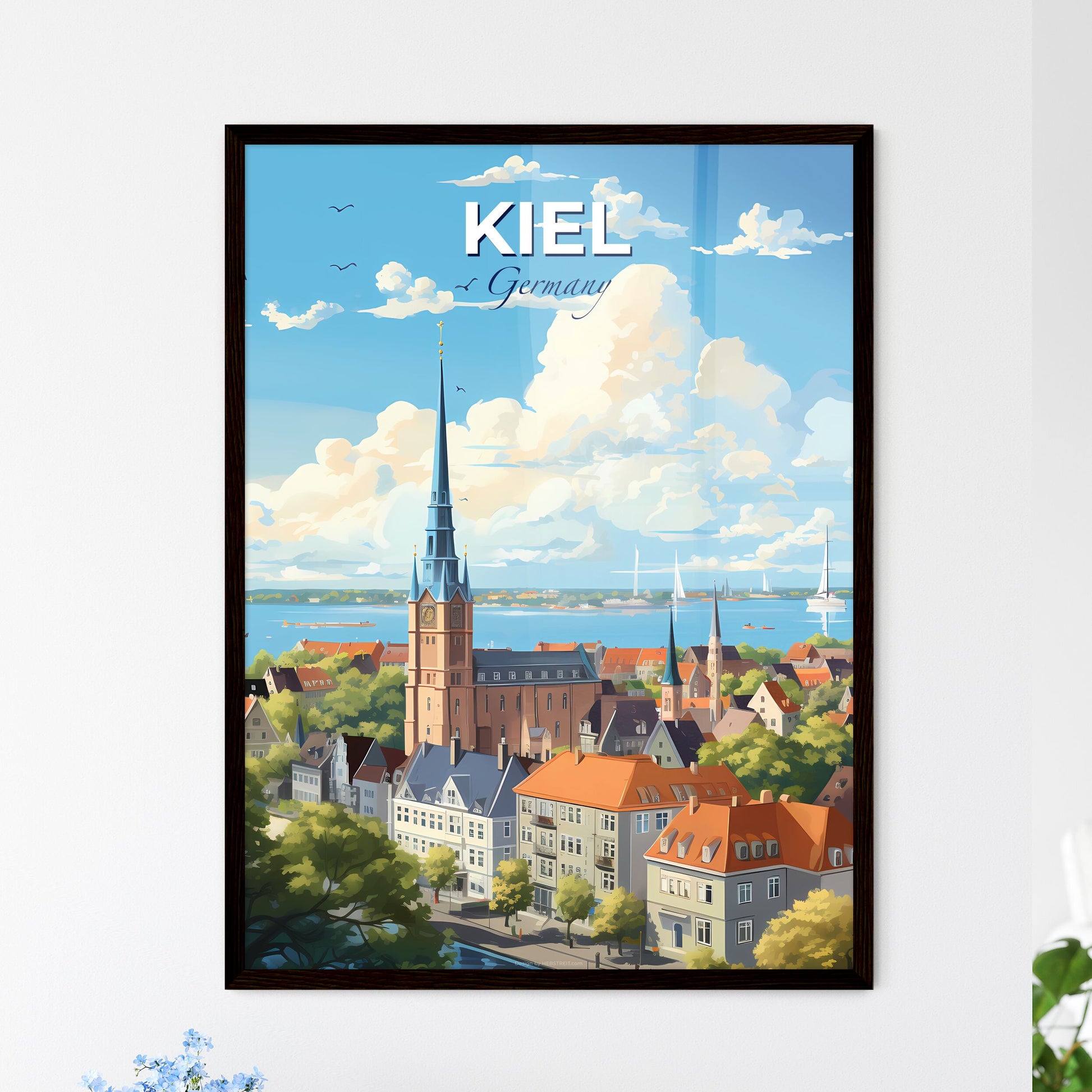 Kiel Germany Skyline - A City With A Tall Tower And Trees And Water - Customizable Travel Gift Default Title