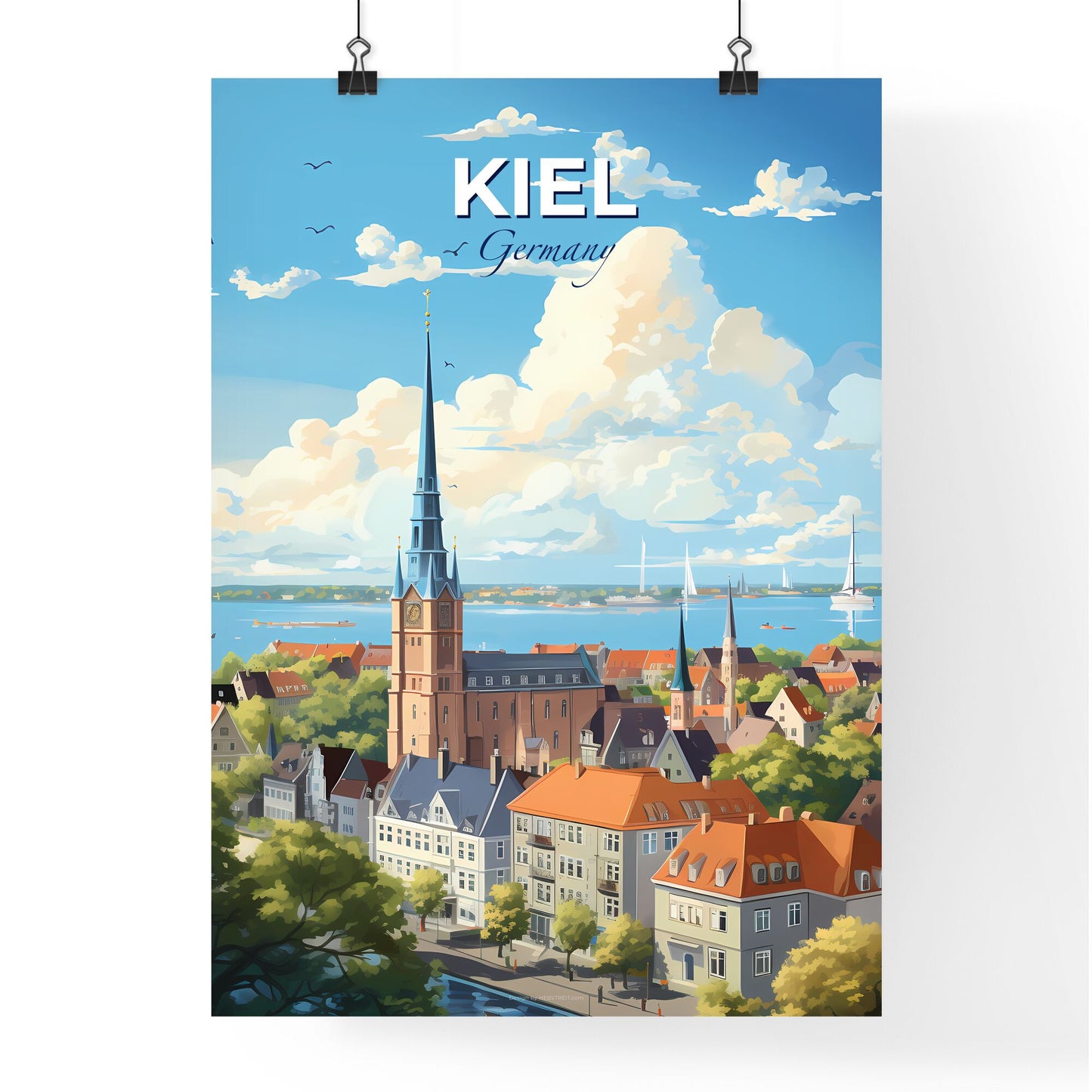 Kiel Germany Skyline - A City With A Tall Tower And Trees And Water - Customizable Travel Gift Default Title