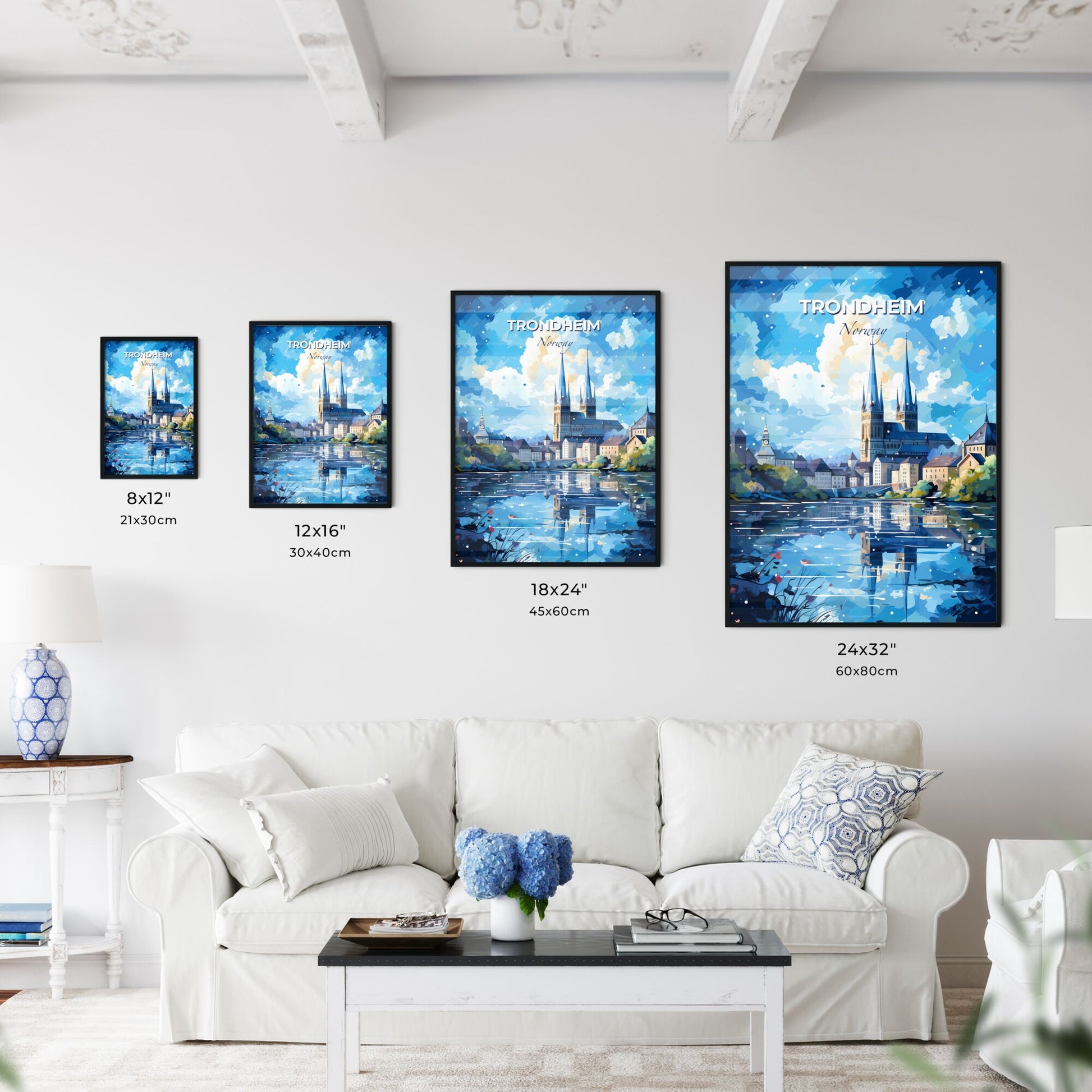Trondheim Norway Skyline - A Painting Of A Town With A Castle And A Lake - Customizable Travel Gift Default Title