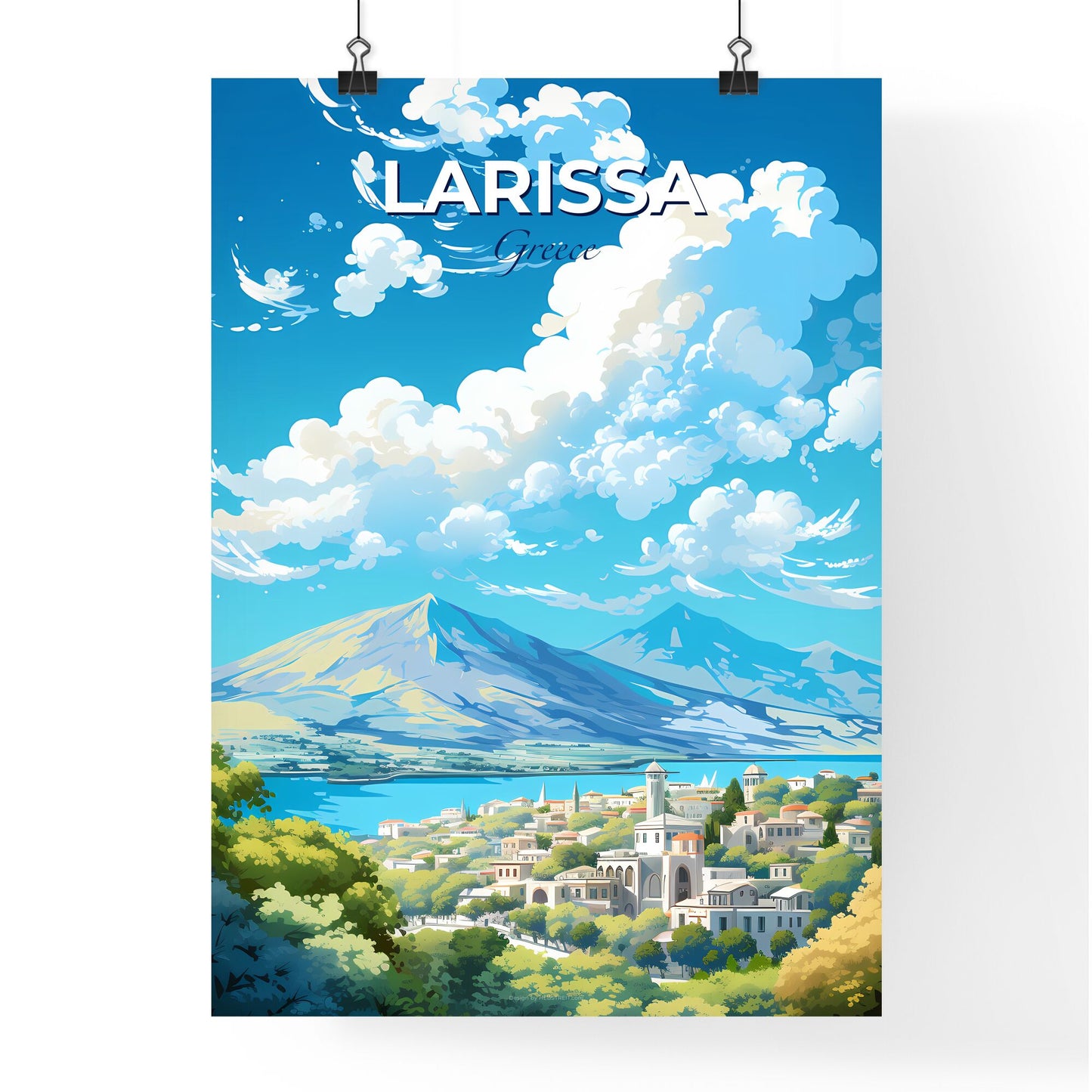 Larissa Greece Skyline - A Landscape Of A Town With A Mountain In The Background - Customizable Travel Gift Default Title