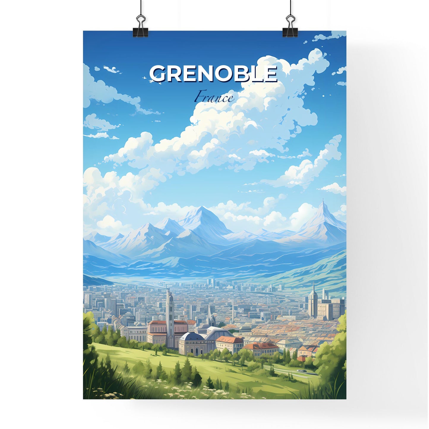 Grenoble France Skyline - A Landscape Of A City With Mountains And Trees - Customizable Travel Gift Default Title