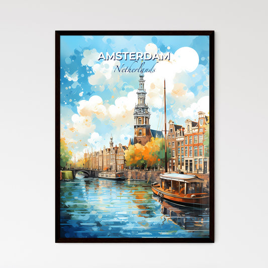 Amsterdam Netherlands Skyline - A Water Canal With Boats And A Tower - Customizable Travel Gift Default Title
