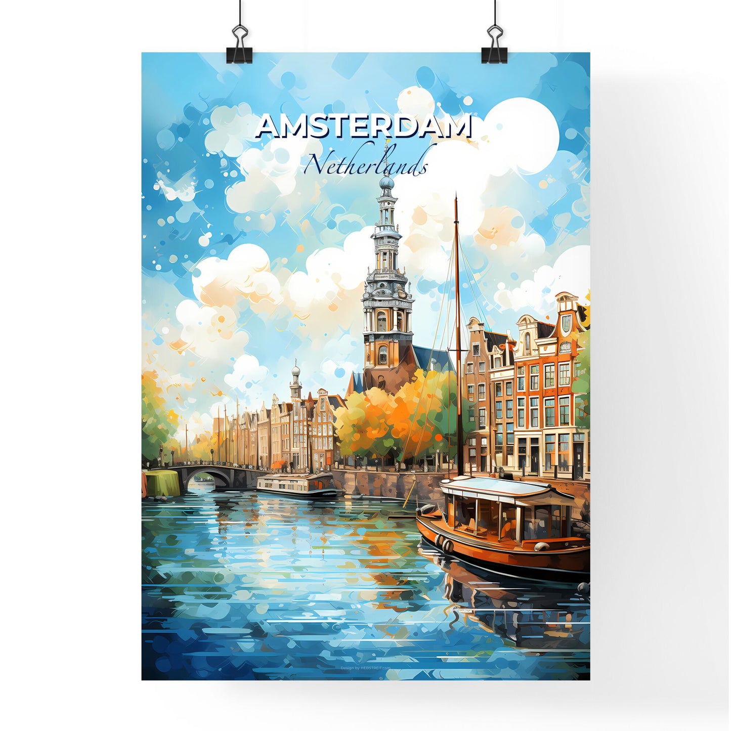 Amsterdam Netherlands Skyline - A Water Canal With Boats And A Tower - Customizable Travel Gift Default Title