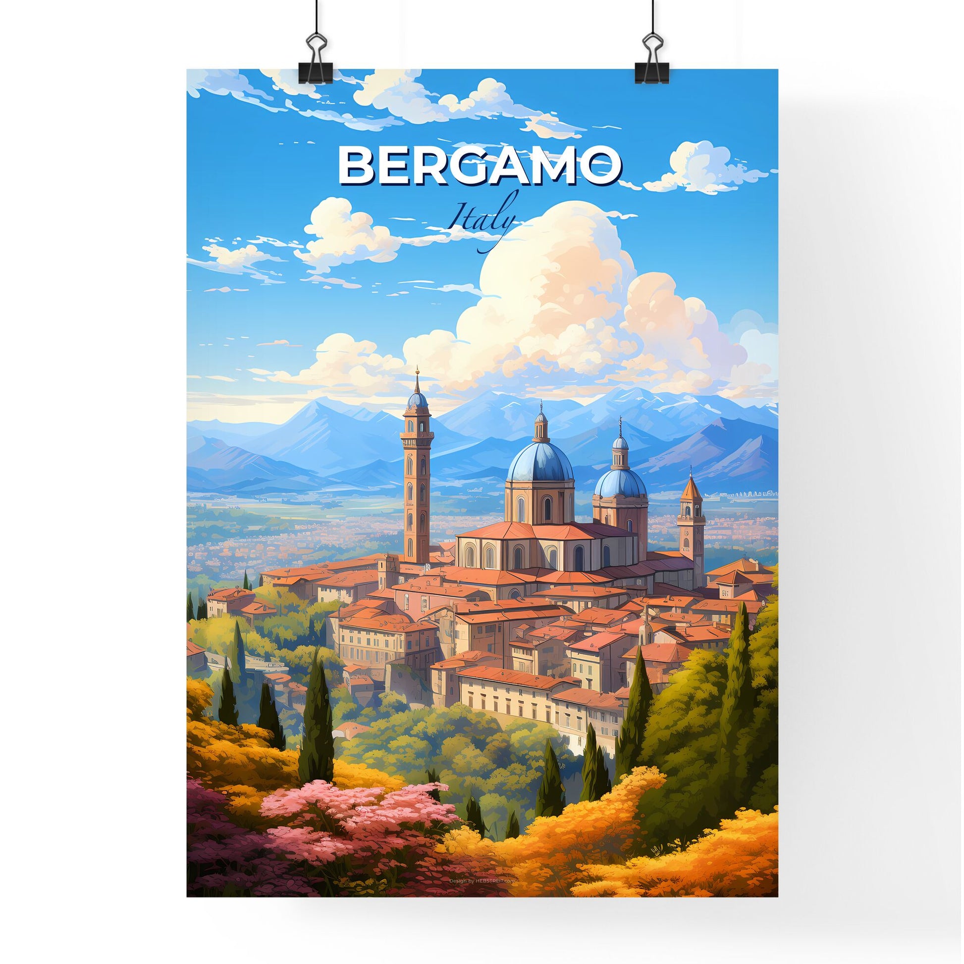 Bergamo Italy Skyline - A Building With Towers And Trees In Front Of Mountains - Customizable Travel Gift Default Title