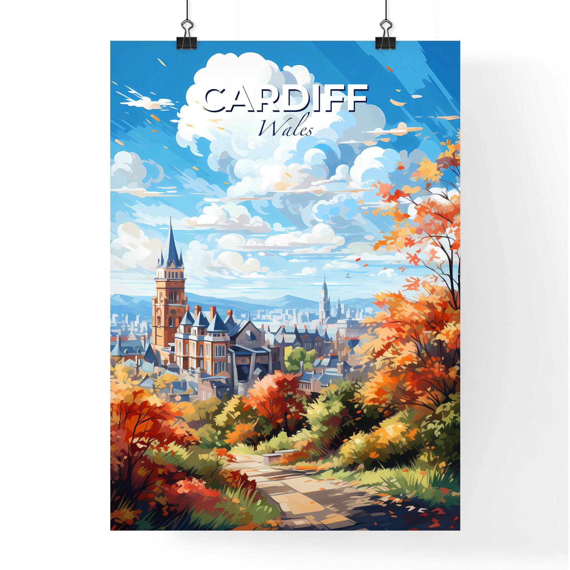 Cardiff Wales Skyline - A Painting Of A City With Trees And Blue Sky - Customizable Travel Gift Default Title