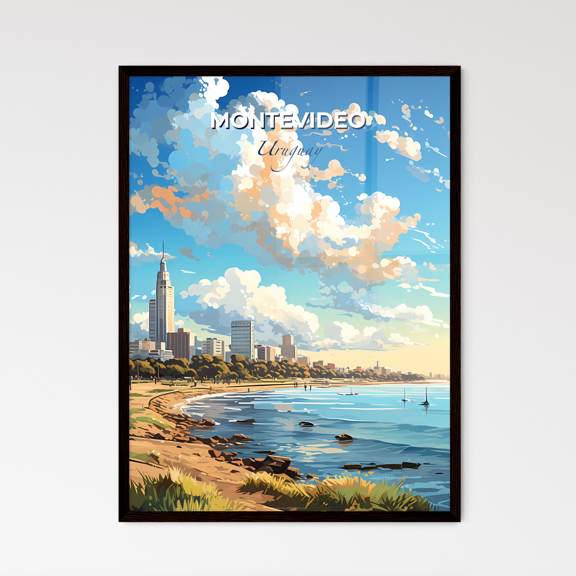 Montevideo Uruguay Skyline - A Beach With A City And Boats In The Water - Customizable Travel Gift Default Title