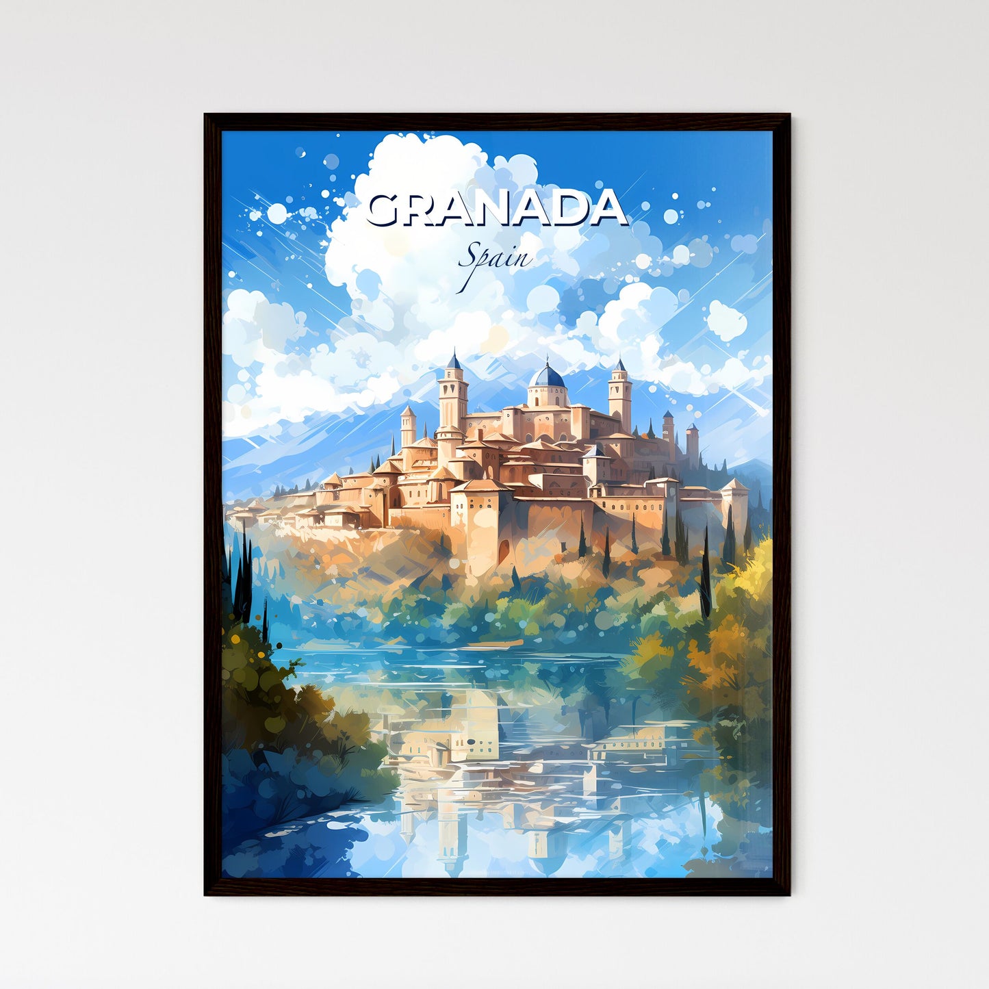 Granada Spain Skyline - A Castle On A Hill With Trees And Water - Customizable Travel Gift Default Title