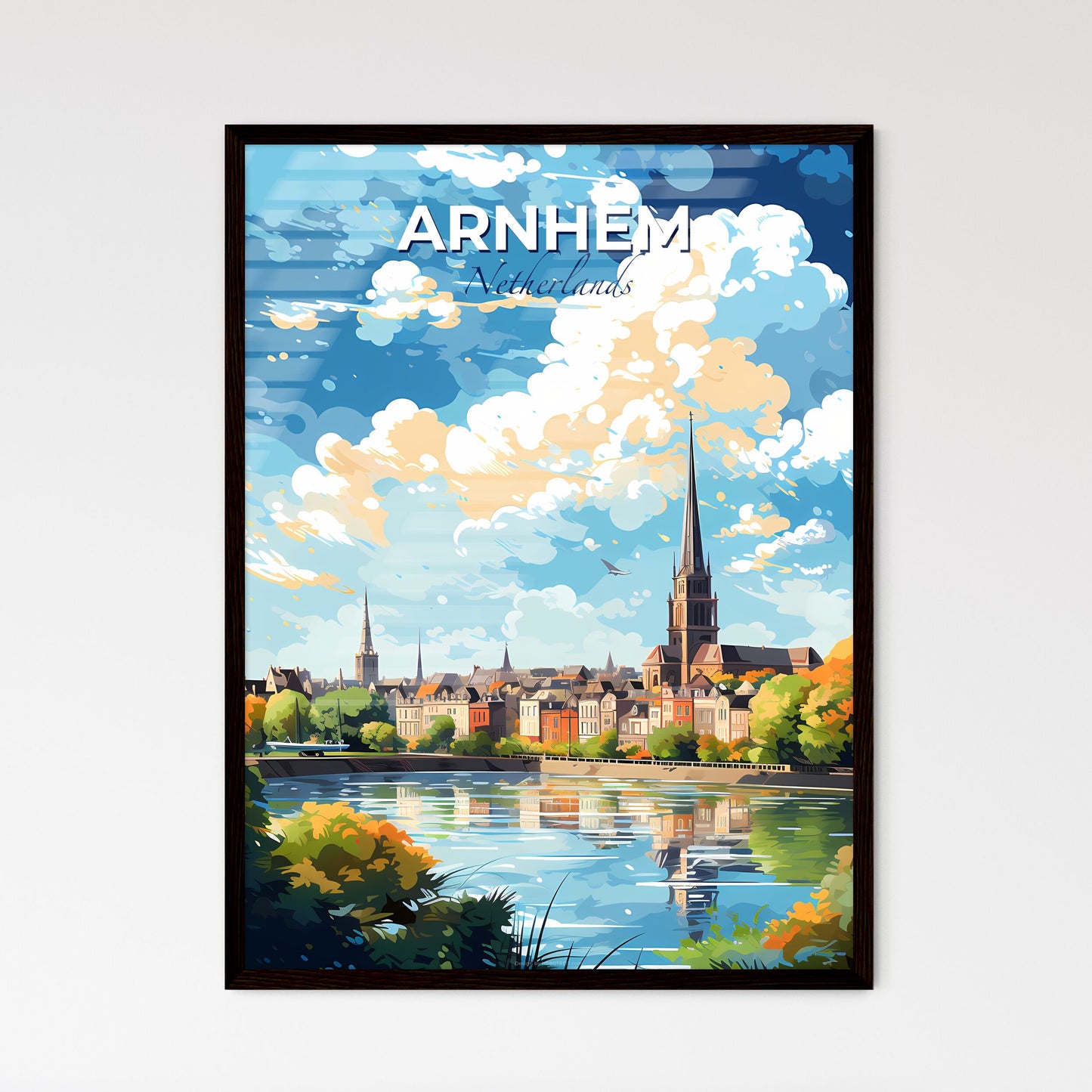 Arnhem Netherlands Skyline - A Water Body With A Church And Trees In The Background - Customizable Travel Gift Default Title