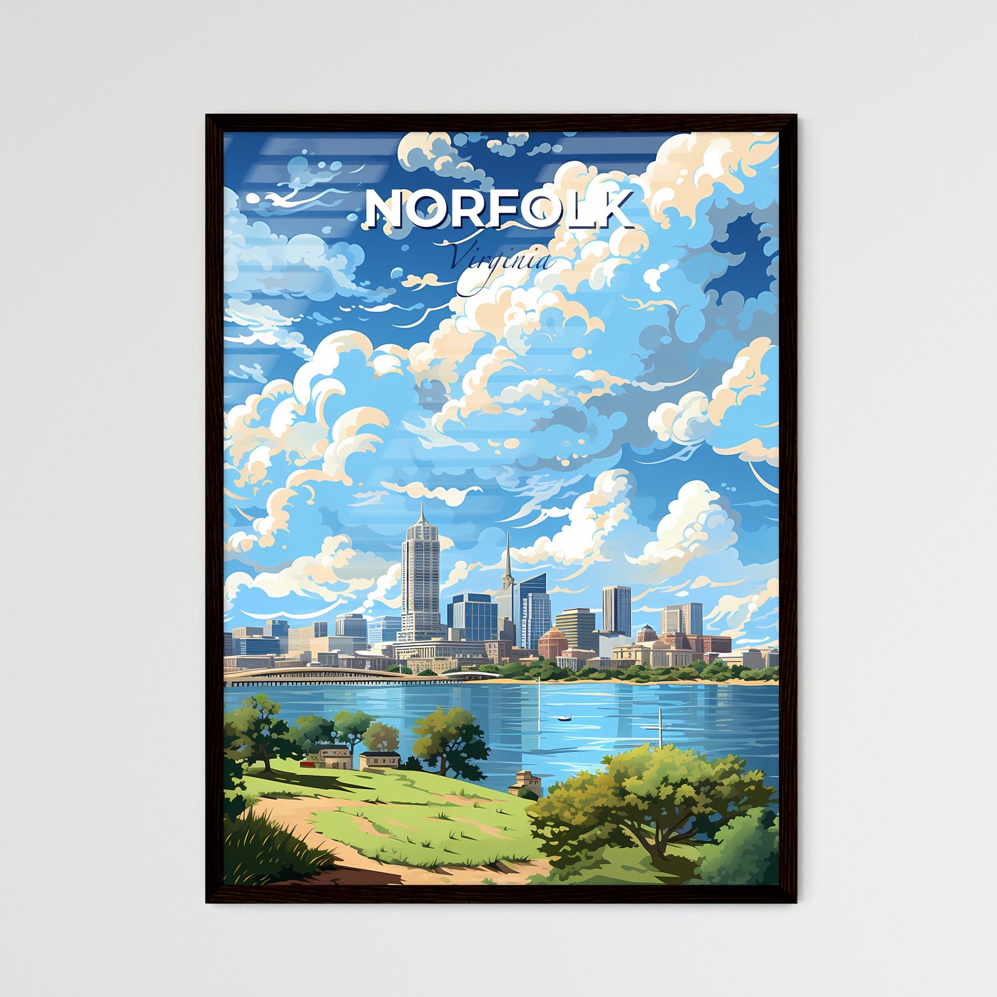Norfolk Virginia Skyline - A Cityscape With A Body Of Water And Clouds - Customizable Travel Gift Default Title