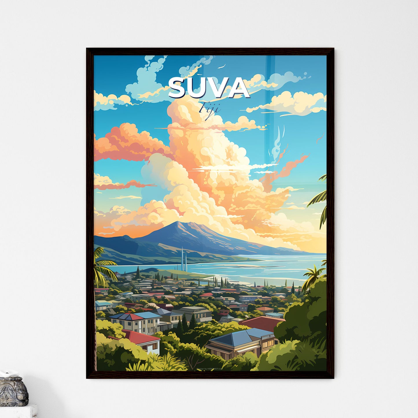 Suva Fiji Skyline - A Landscape Of A Town With Palm Trees And A Mountain In The Background - Customizable Travel Gift Default Title