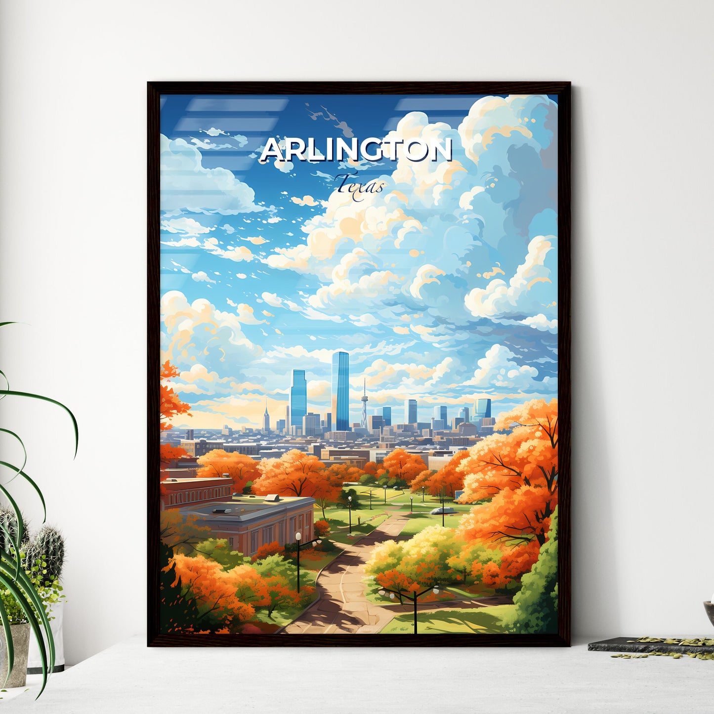 Arlington Texas Skyline - A City Landscape With Orange Trees And Buildings - Customizable Travel Gift Default Title