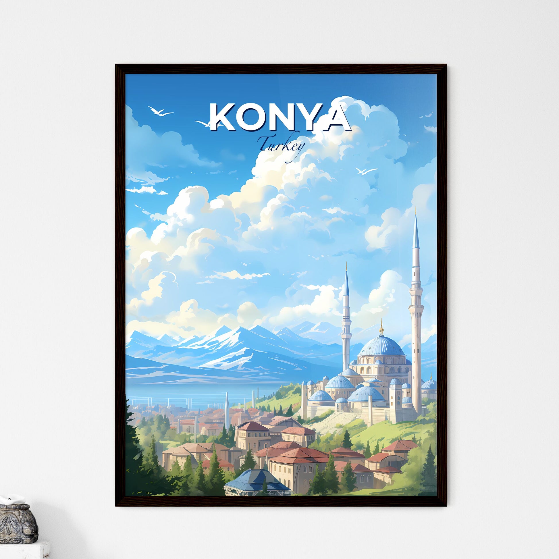 Konya Turkey Skyline - A Landscape Of A City With A Blue Dome Building And Mountains - Customizable Travel Gift Default Title