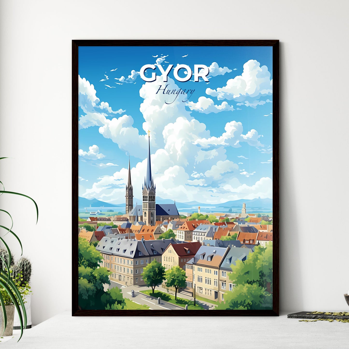 Gyr Hungary Skyline - A City With A Tall Spire And Trees - Customizable Travel Gift Default Title