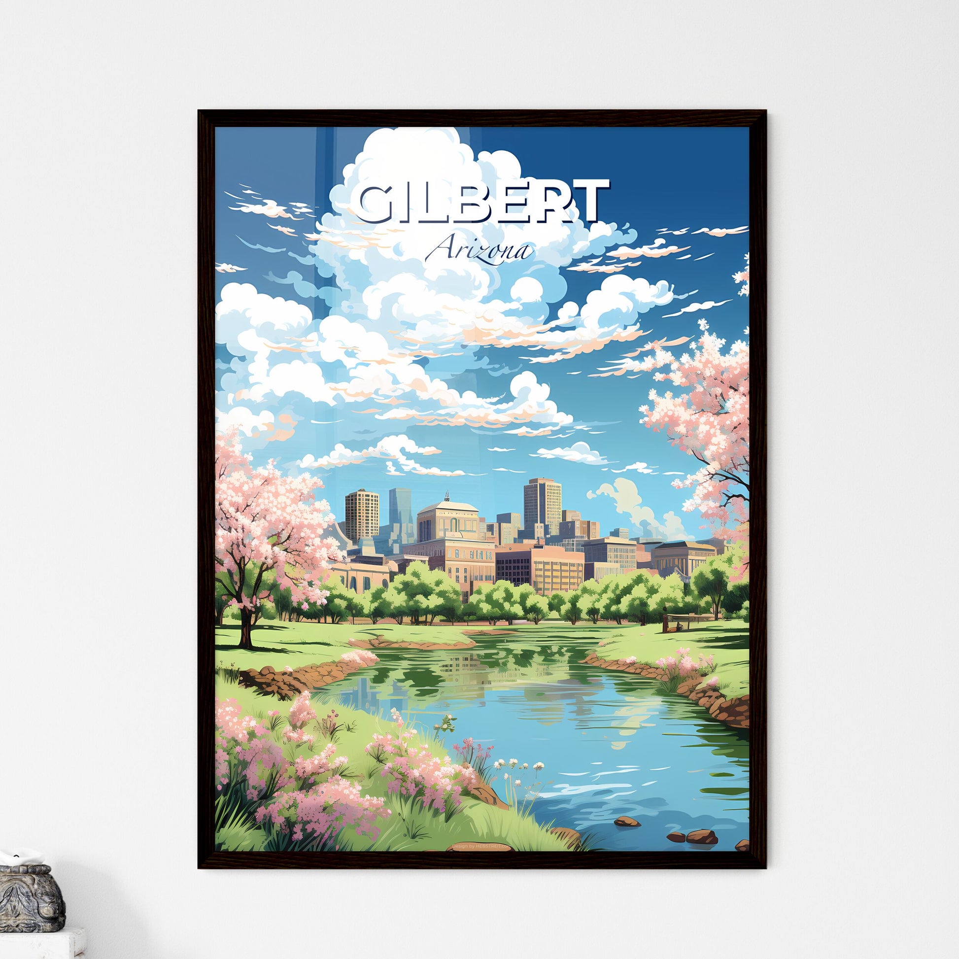 Gilbert Arizona Skyline - A Landscape Of A Park With A River And Trees And A City In The Background - Customizable Travel Gift Default Title