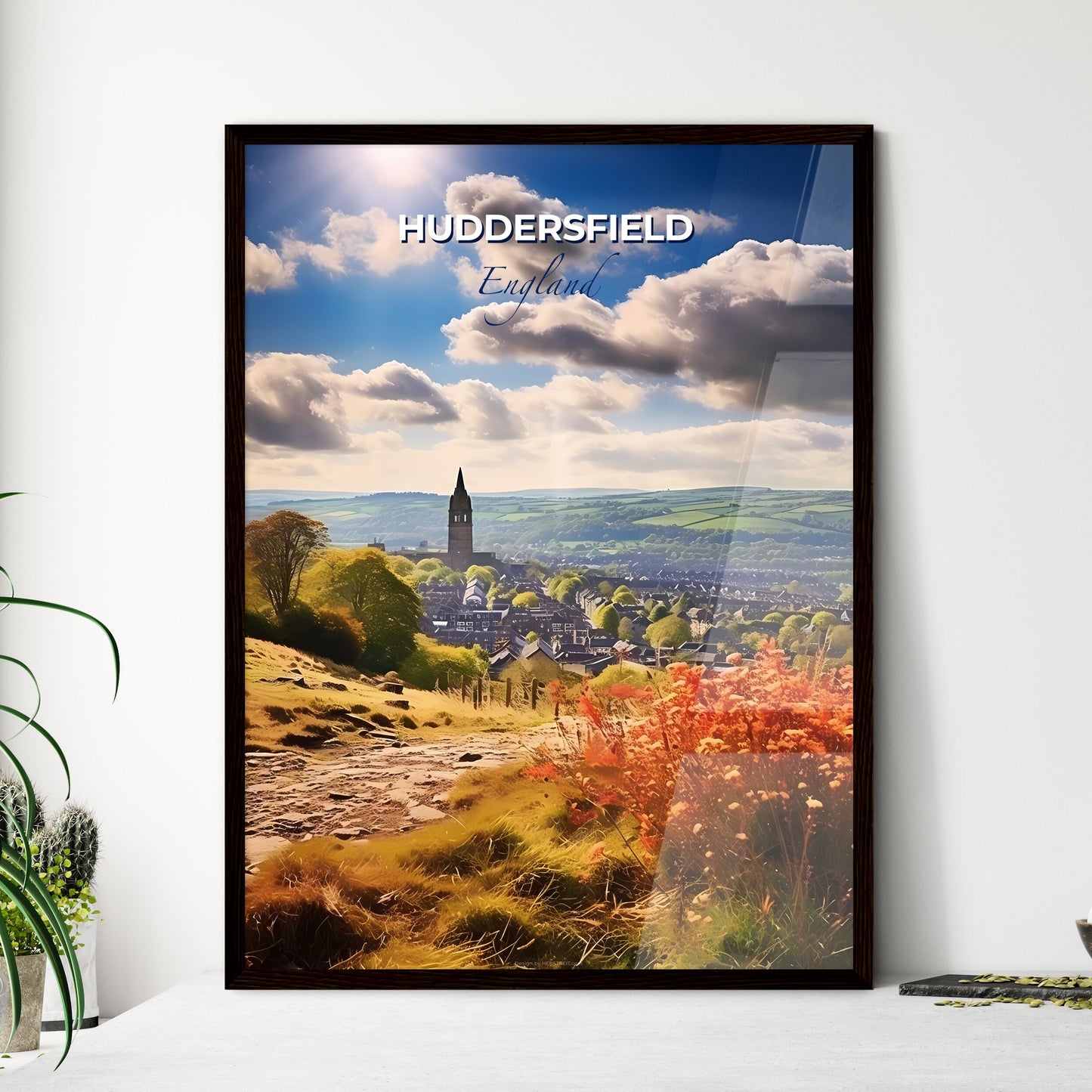 Huddersfield England Skyline - A Landscape With A Hill And A Church Tower - Customizable Travel Gift Default Title