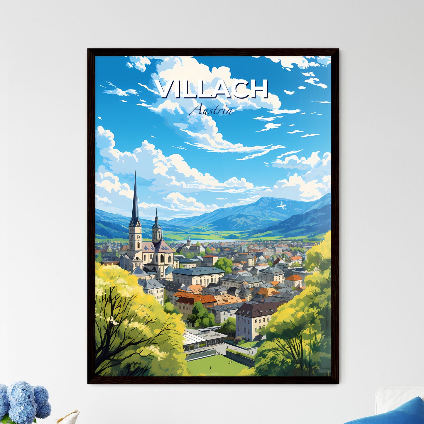 Villach Austria Skyline - A City With A Steeple And Trees - Customizable Travel Gift Default Title