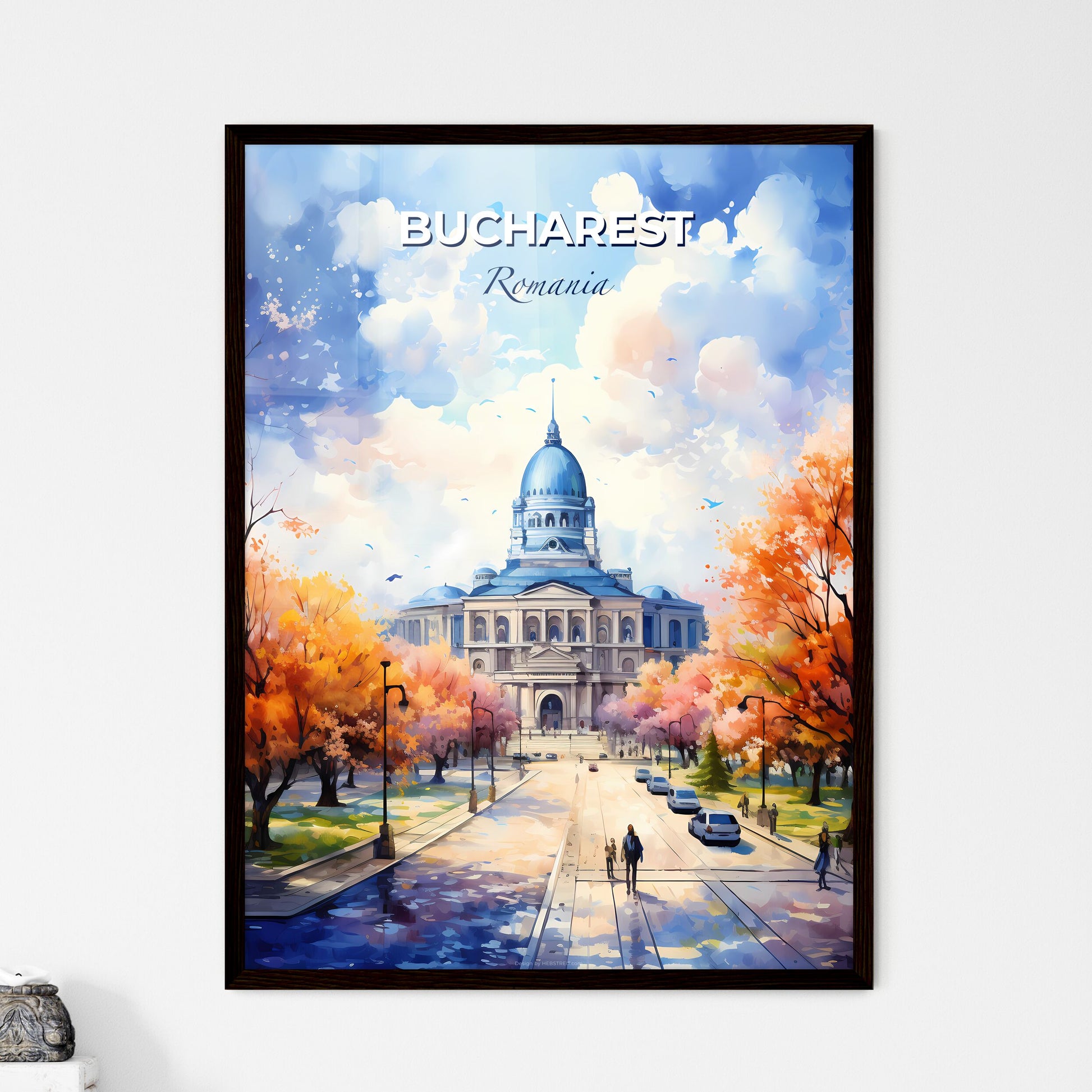 Bucharest Romania Skyline - A Painting Of A Building With Trees And Cars - Customizable Travel Gift Default Title