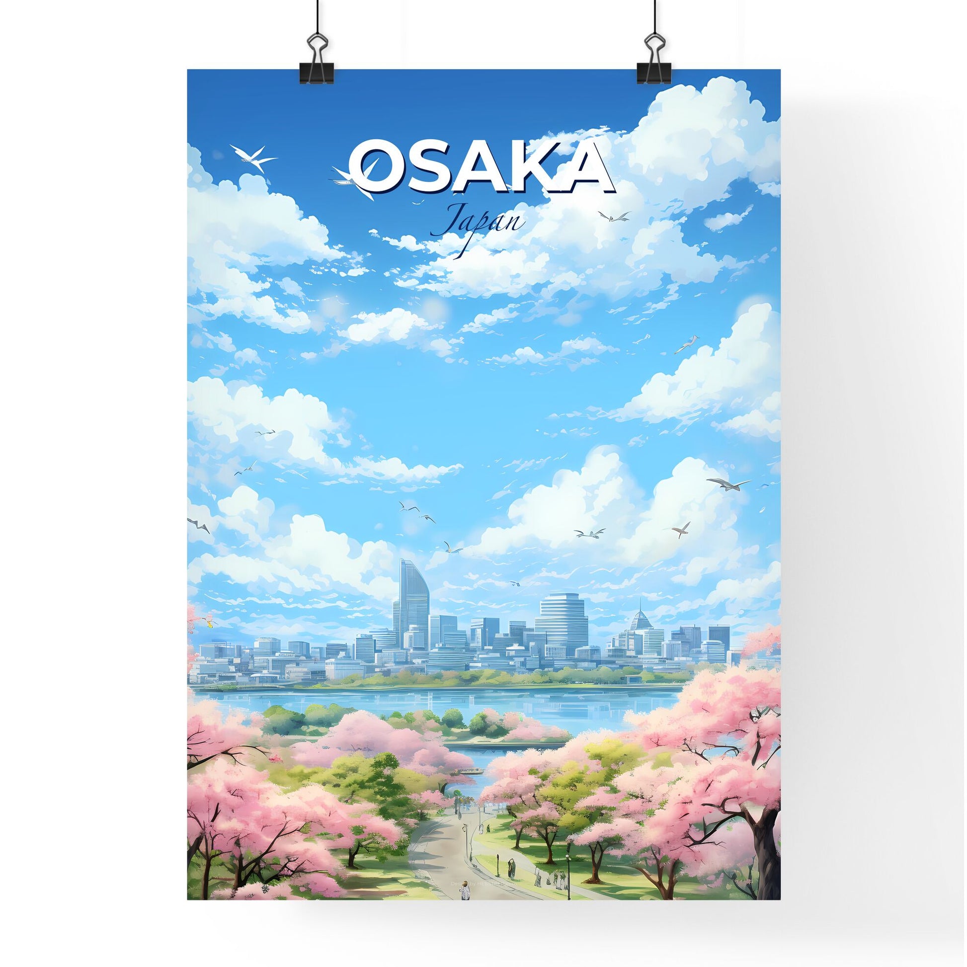 Osaka Japan Skyline - A City With Pink Flowers And Birds Flying Over Water - Customizable Travel Gift Default Title