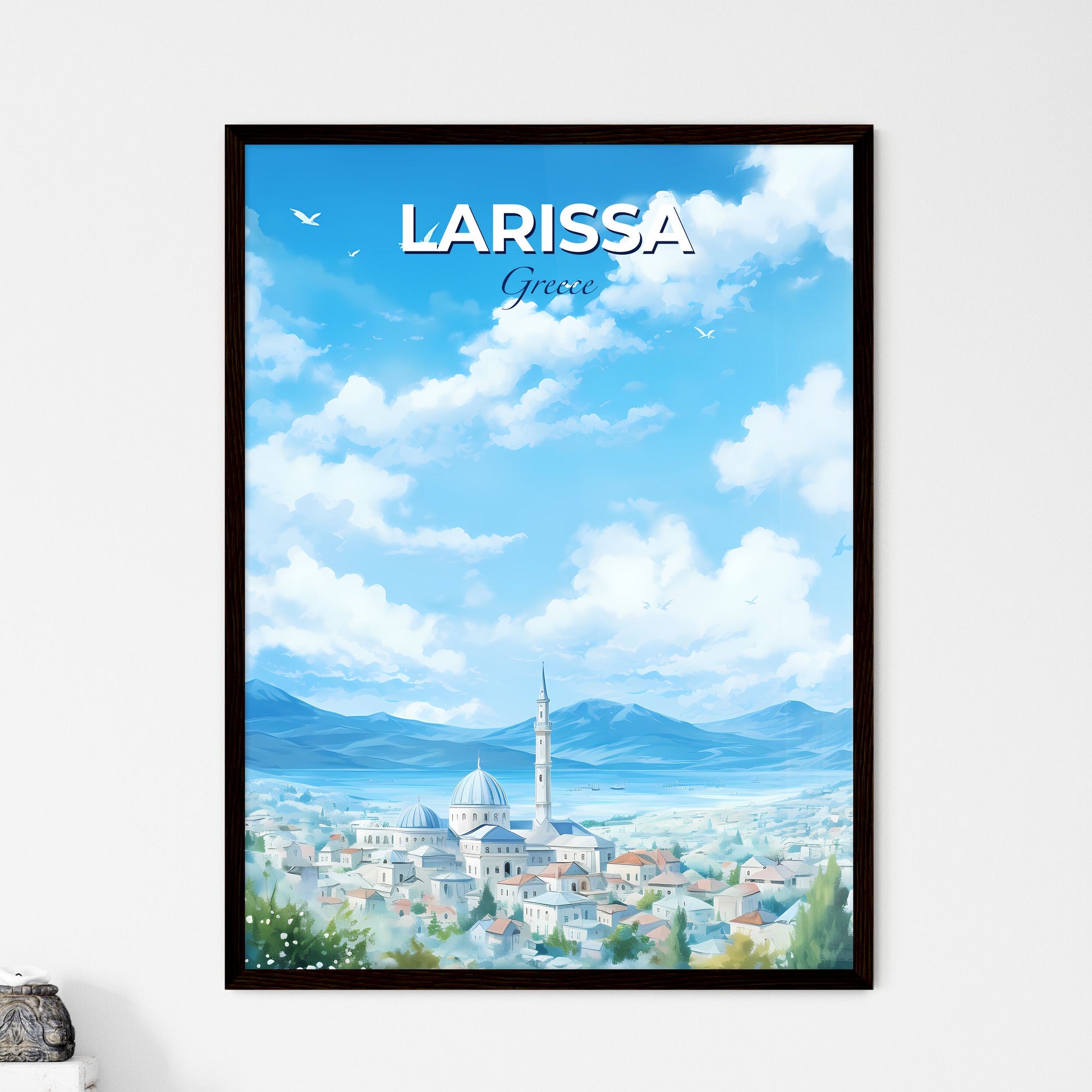 Larissa Greece Skyline - A City With A Tower And Mountains In The Background - Customizable Travel Gift Default Title