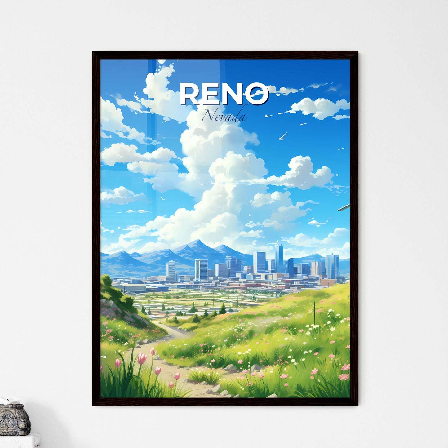 Reno Nevada Skyline - A Grassy Hill With A City In The Background - Customizable Travel Gift Default Title