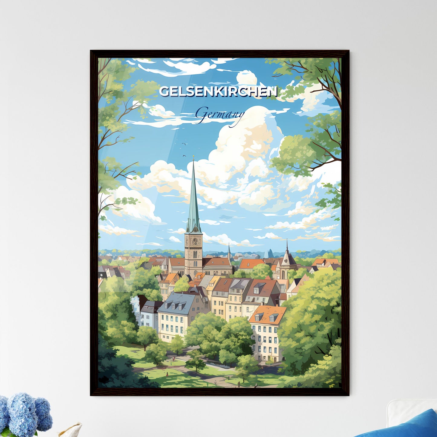 Gelsenkirchen Germany Skyline - A City With A Steeple And Trees - Customizable Travel Gift Default Title