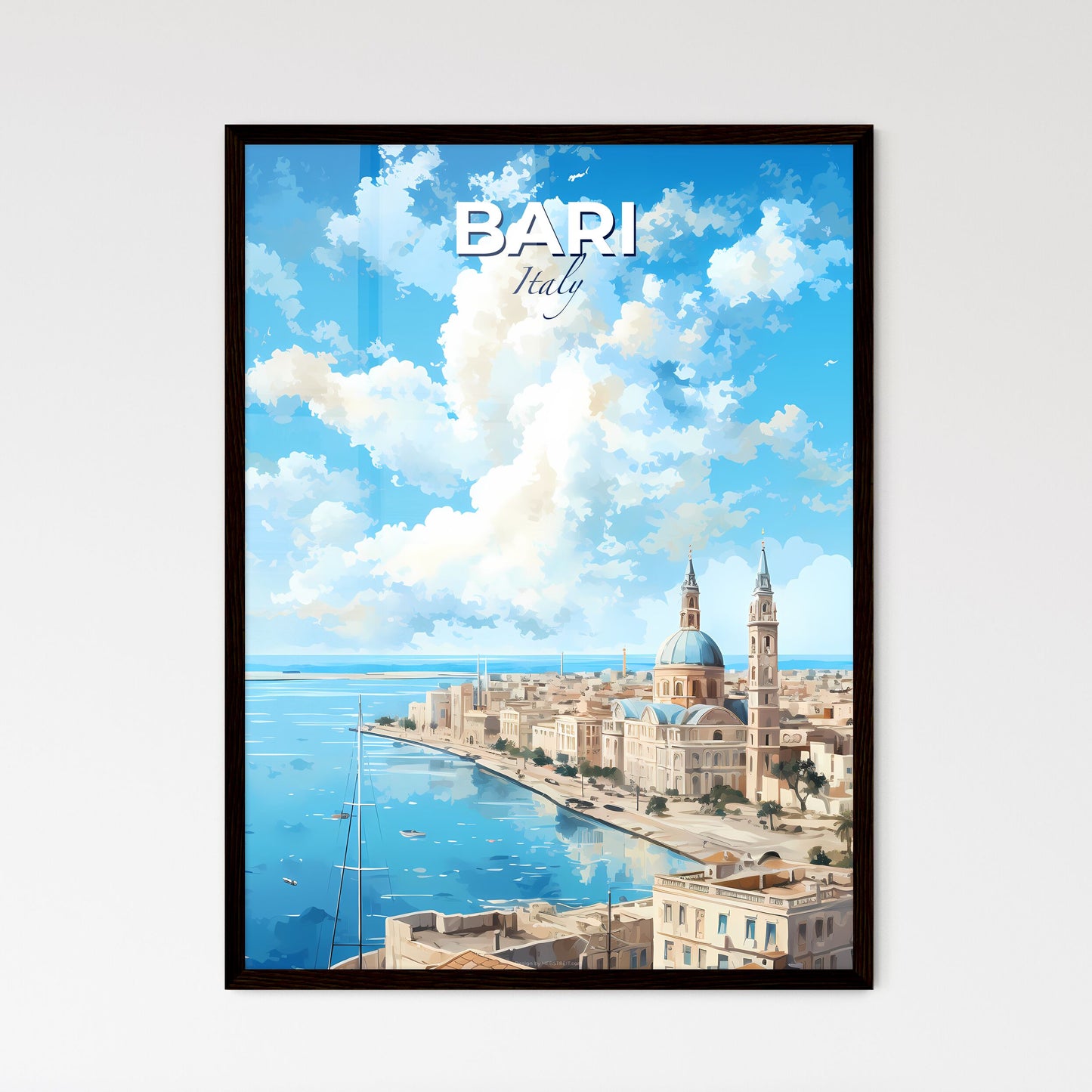 Bari Italy Skyline - A City With A Body Of Water And A Blue Sky With Clouds - Customizable Travel Gift Default Title