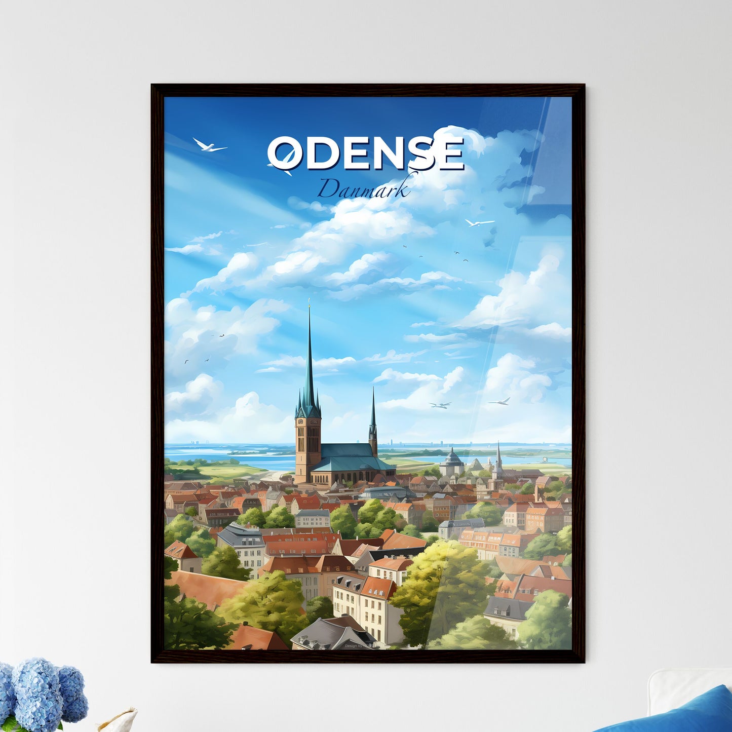 Odense Danmark Skyline - A City With A Church And Trees - Customizable Travel Gift Default Title